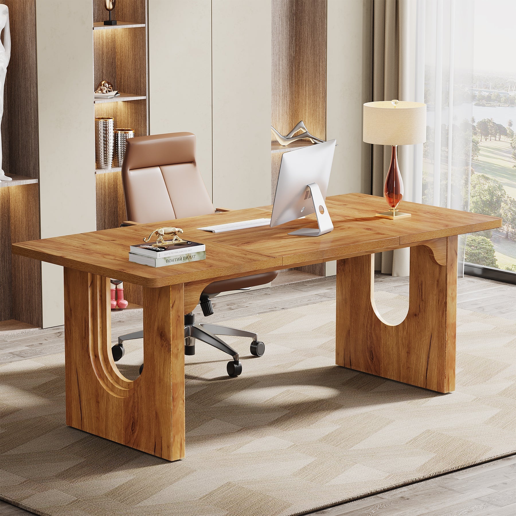 180 cm Executive Desk, Modern Computer Desk with Wood Double Pedestal Base