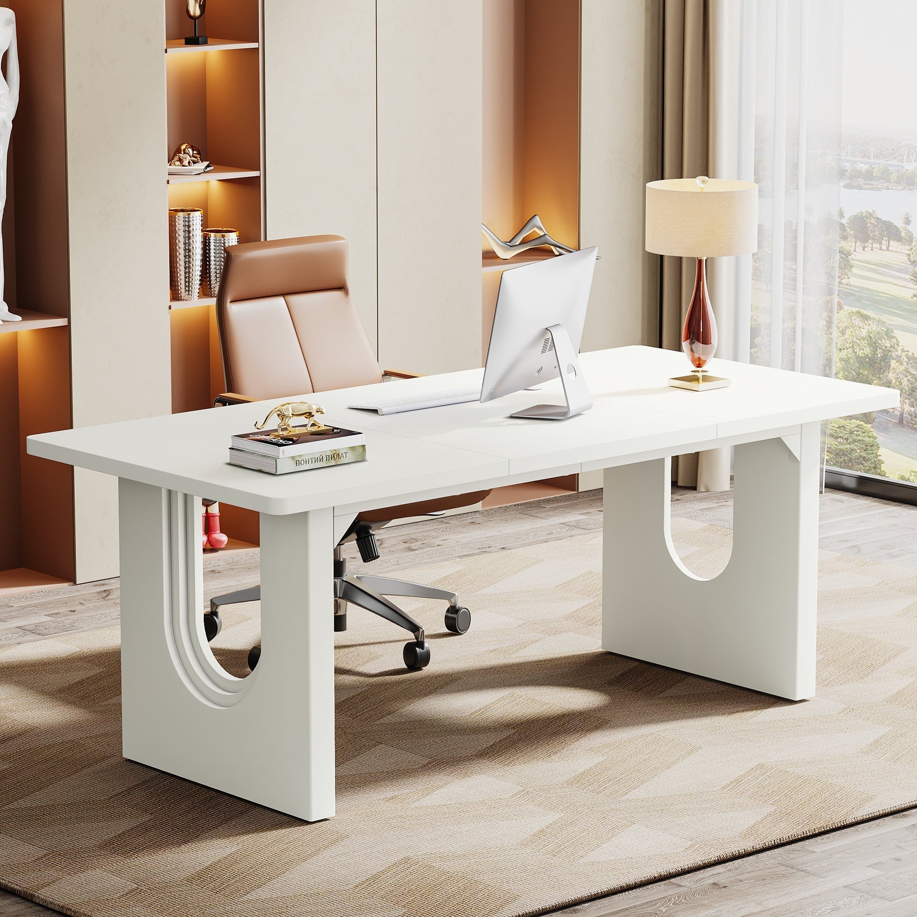 180 cm Executive Desk, Modern Computer Desk with Wood Double Pedestal Base