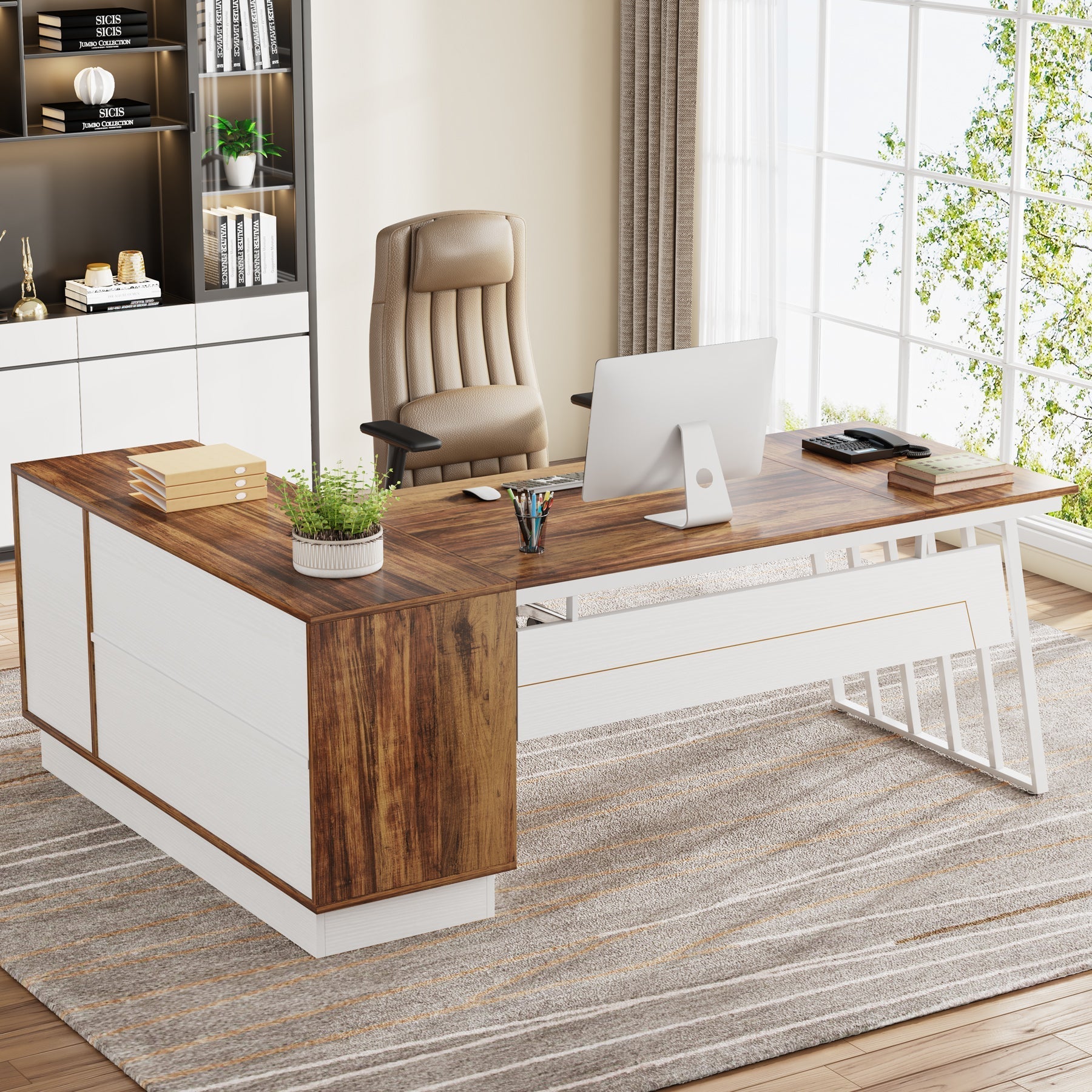 180 cm Executive Desk, Modern L-Shaped Computer Desk with Cabinet