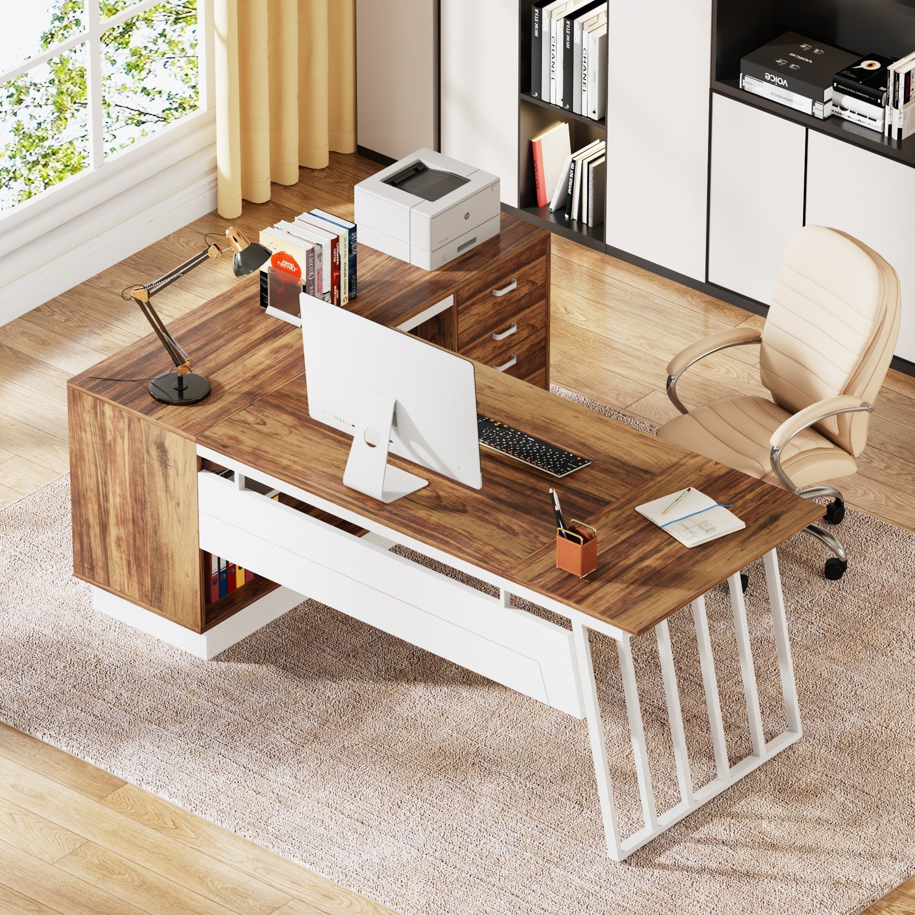 180 cm Executive Desk, Modern L-Shaped Computer Desk with Cabinet