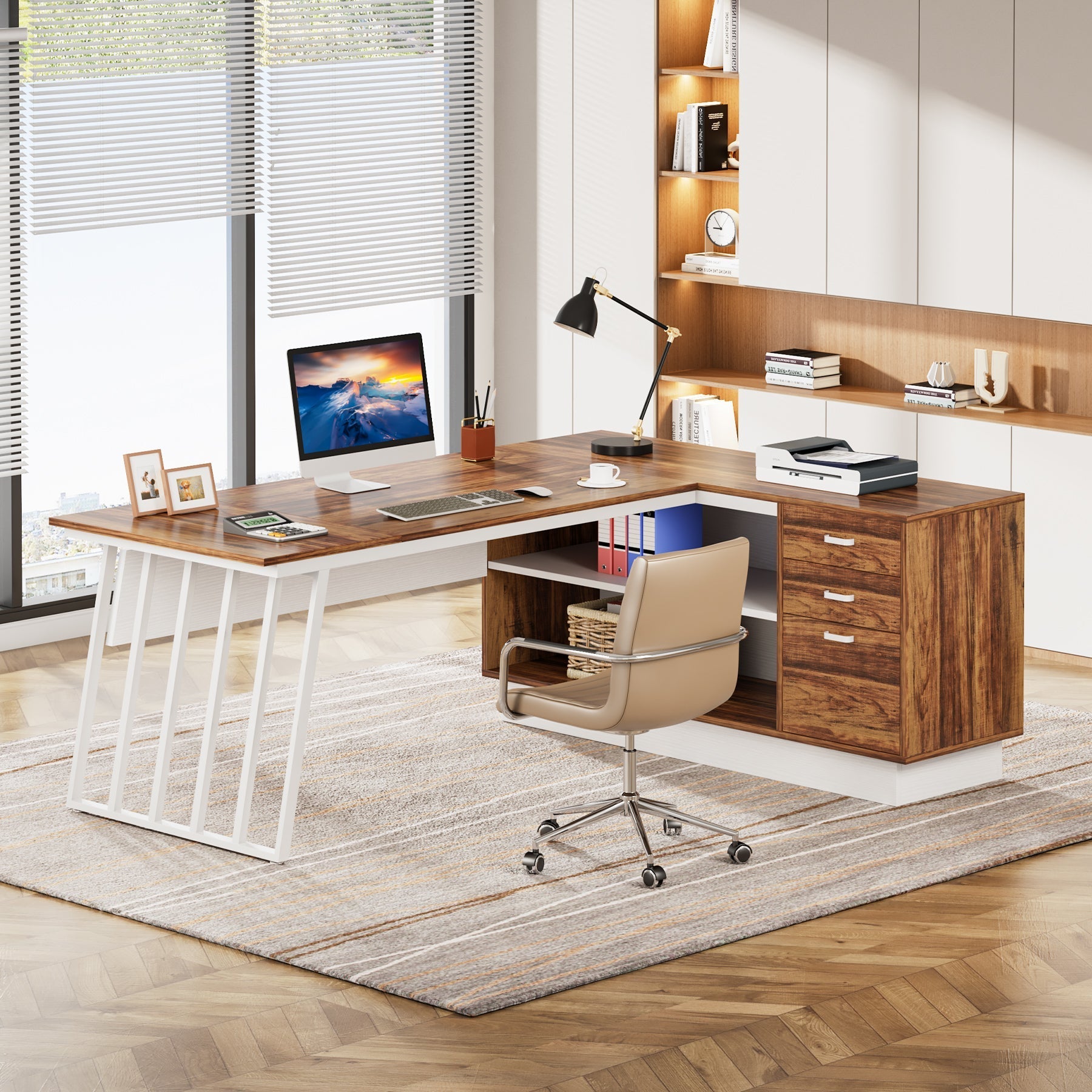 180 cm Executive Desk, Modern L-Shaped Computer Desk with Cabinet