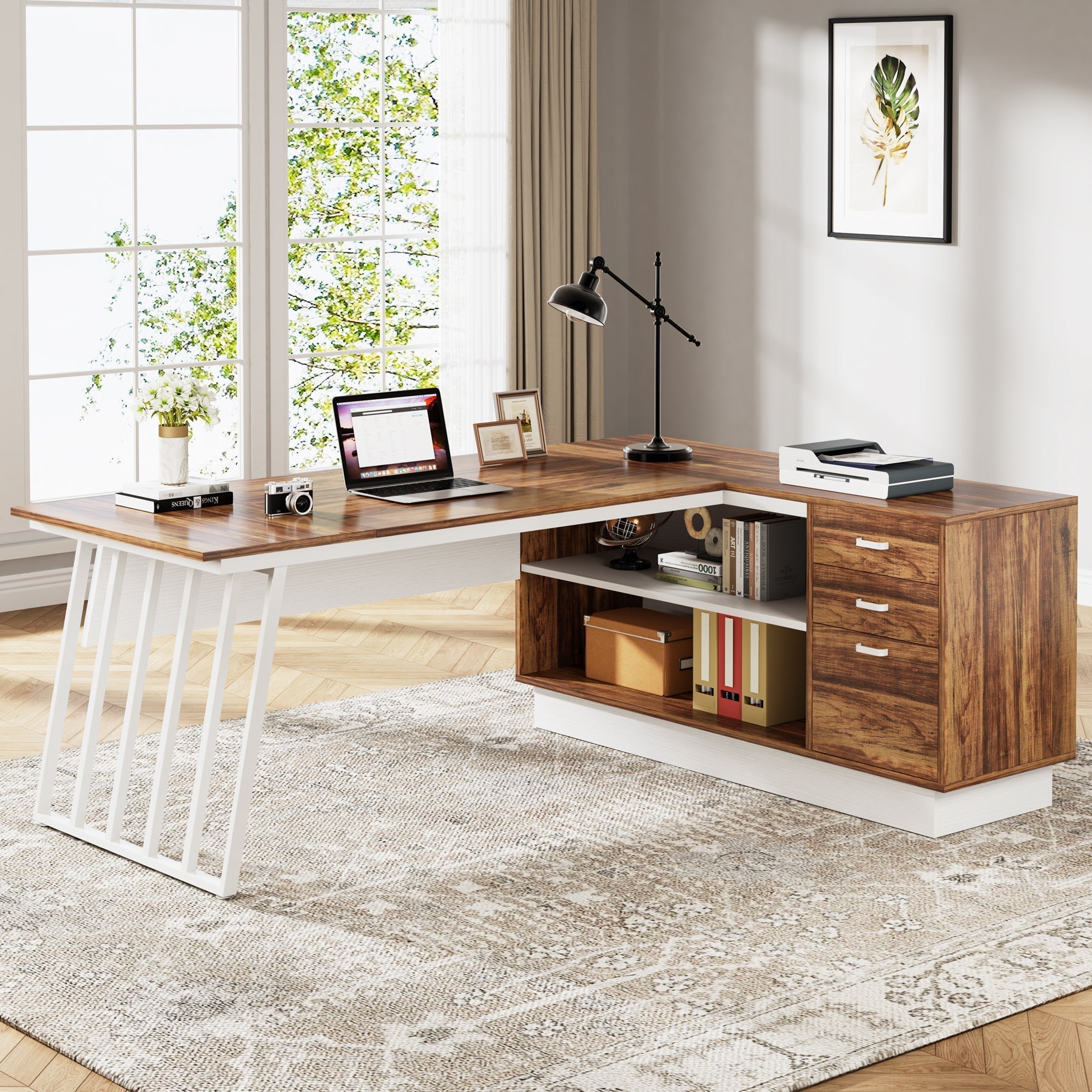 180 cm Executive Desk, Modern L-Shaped Computer Desk with Cabinet