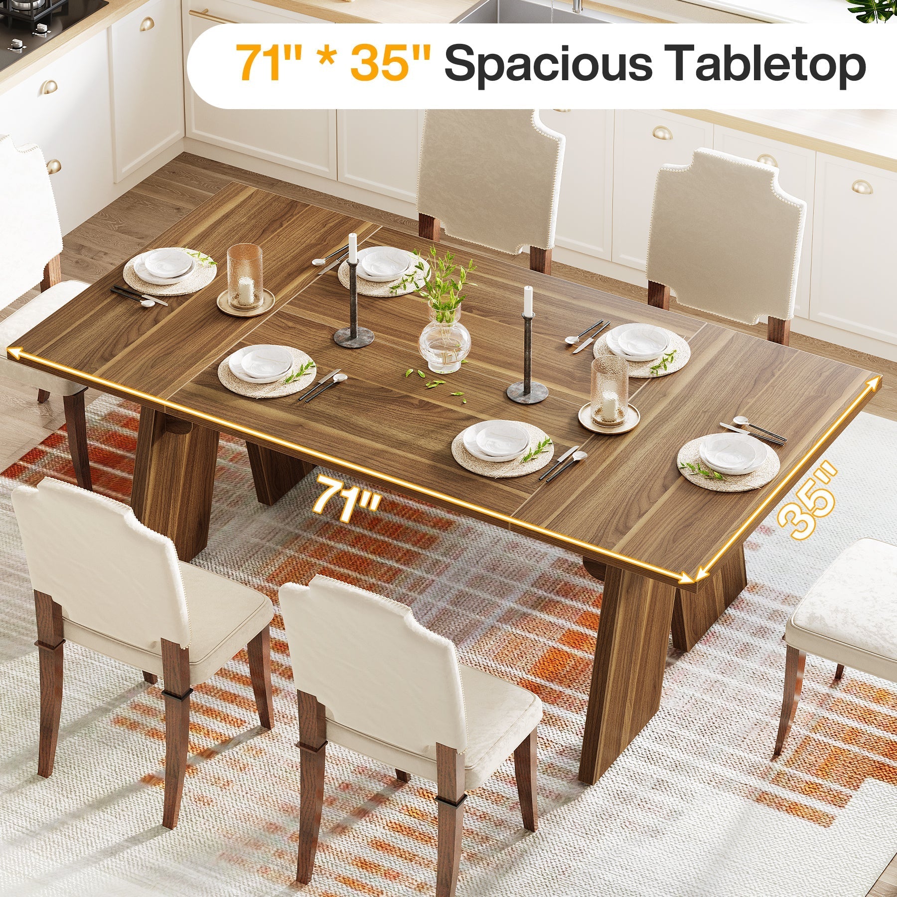 180 cm Wood Dining Table, Farmhouse Kitchen Table for 6 People