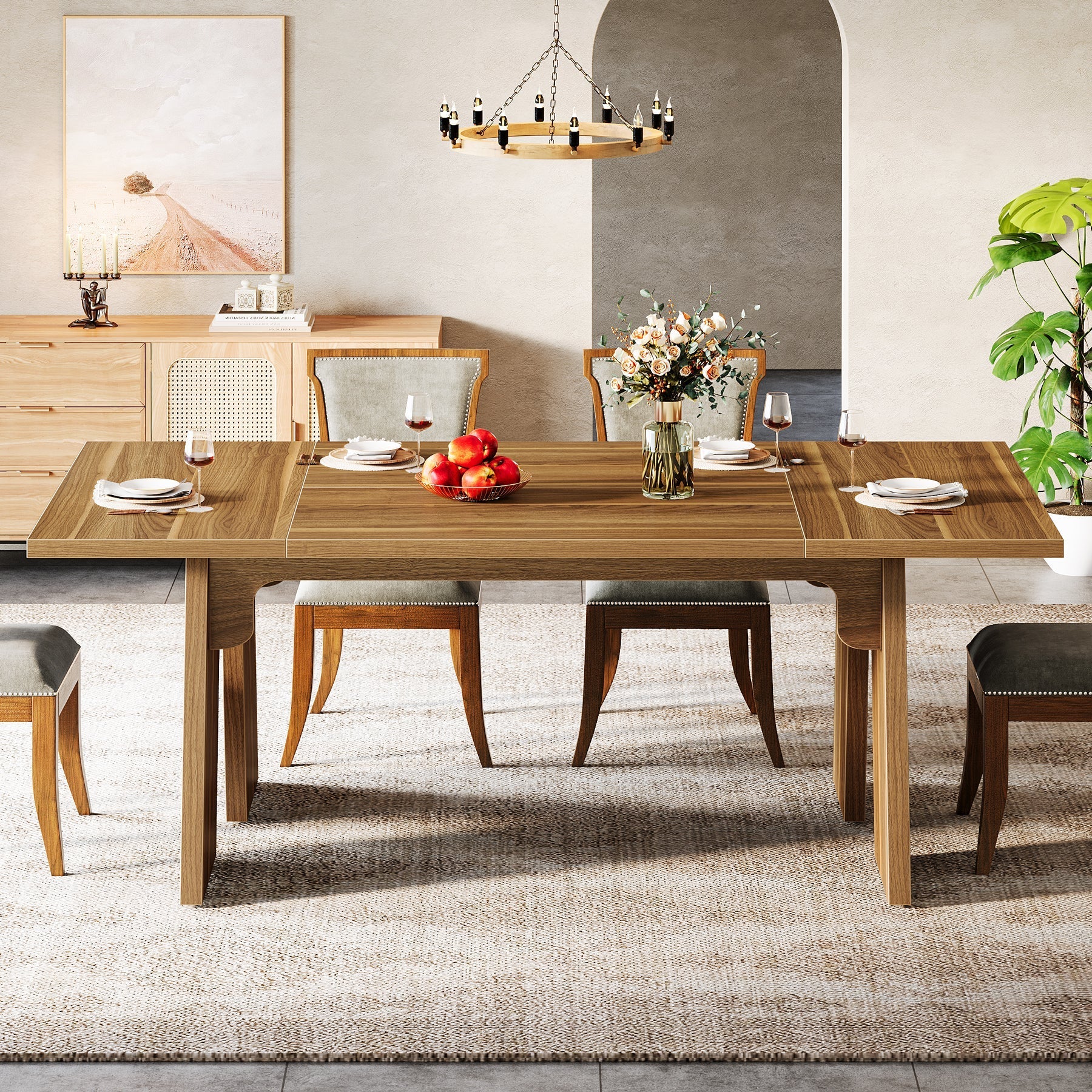 180 cm Wood Dining Table, Farmhouse Kitchen Table for 6 People