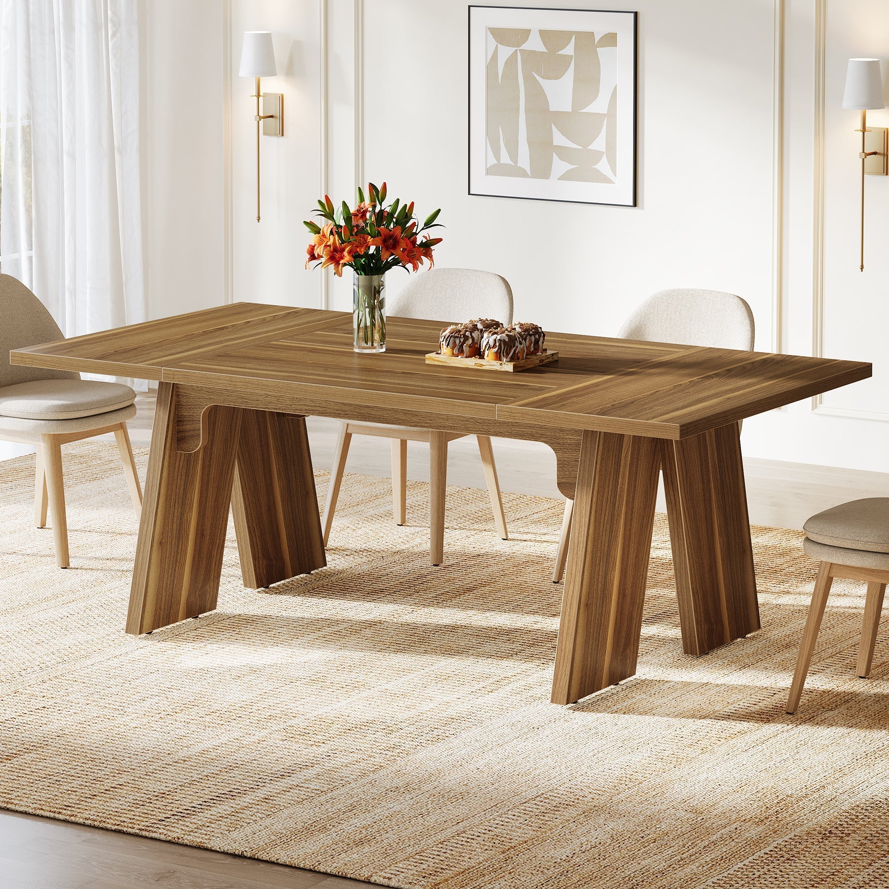 180 cm Wood Dining Table, Farmhouse Kitchen Table for 6 People