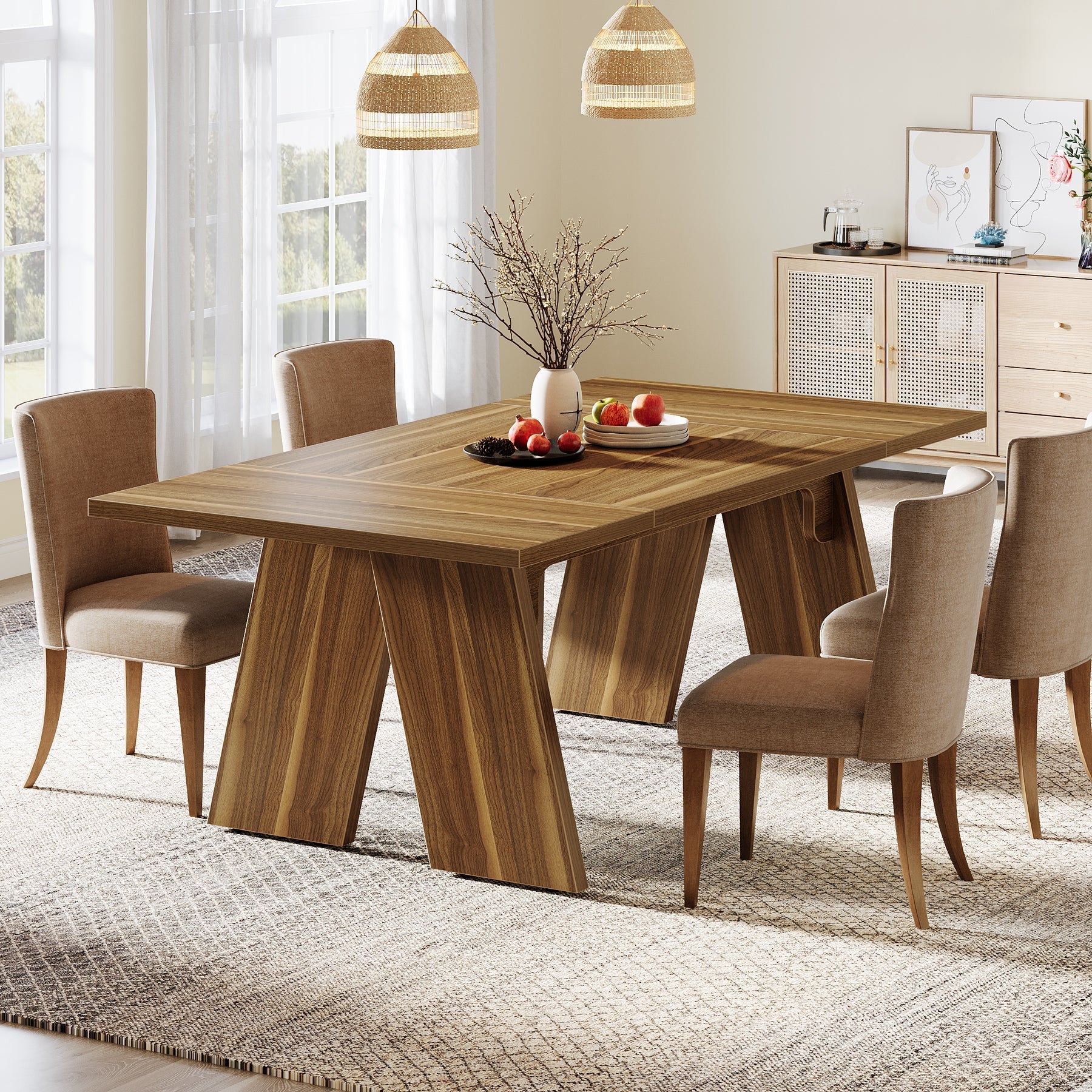 180 cm Wood Dining Table, Farmhouse Kitchen Table for 6 People