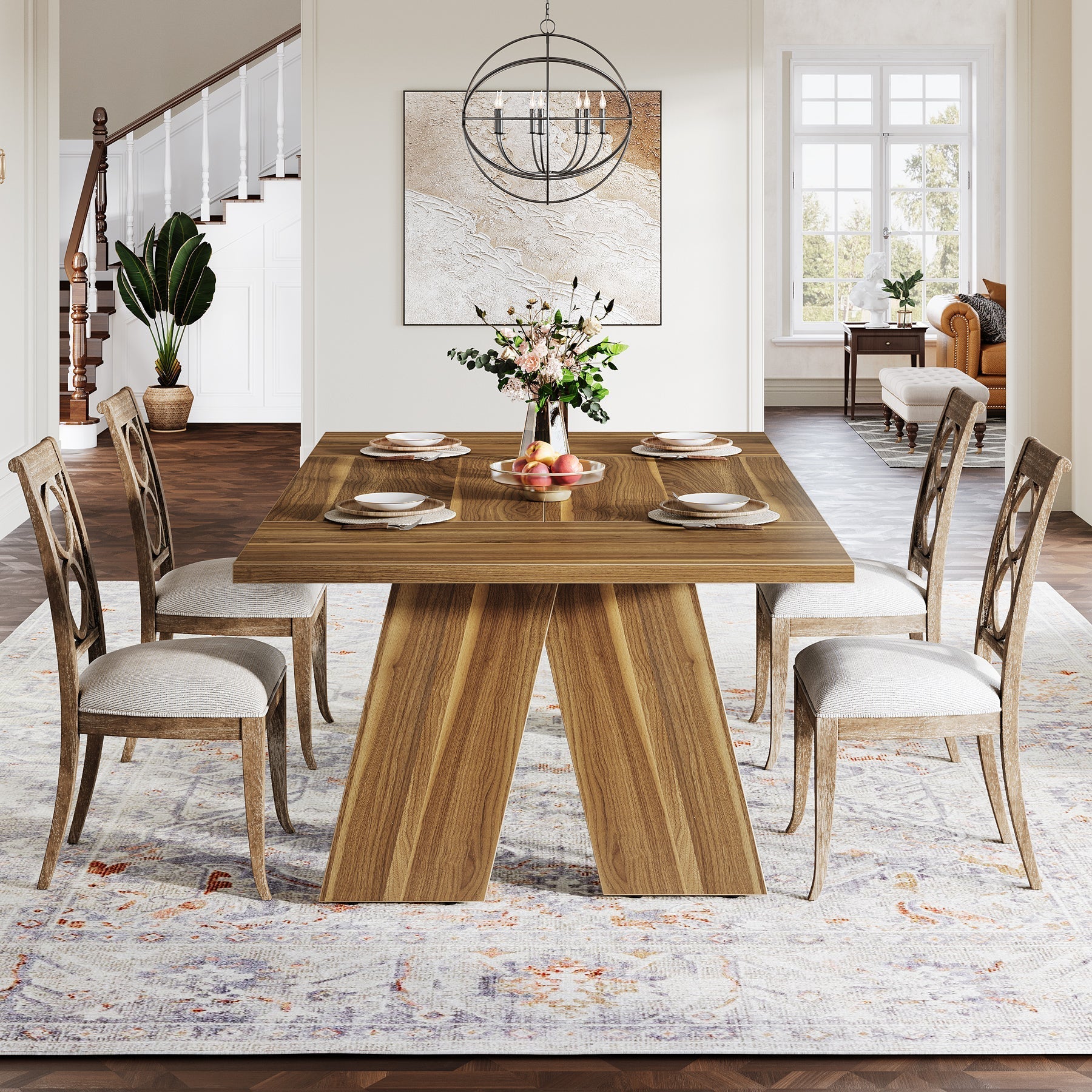 180 cm Wood Dining Table, Farmhouse Kitchen Table for 6 People