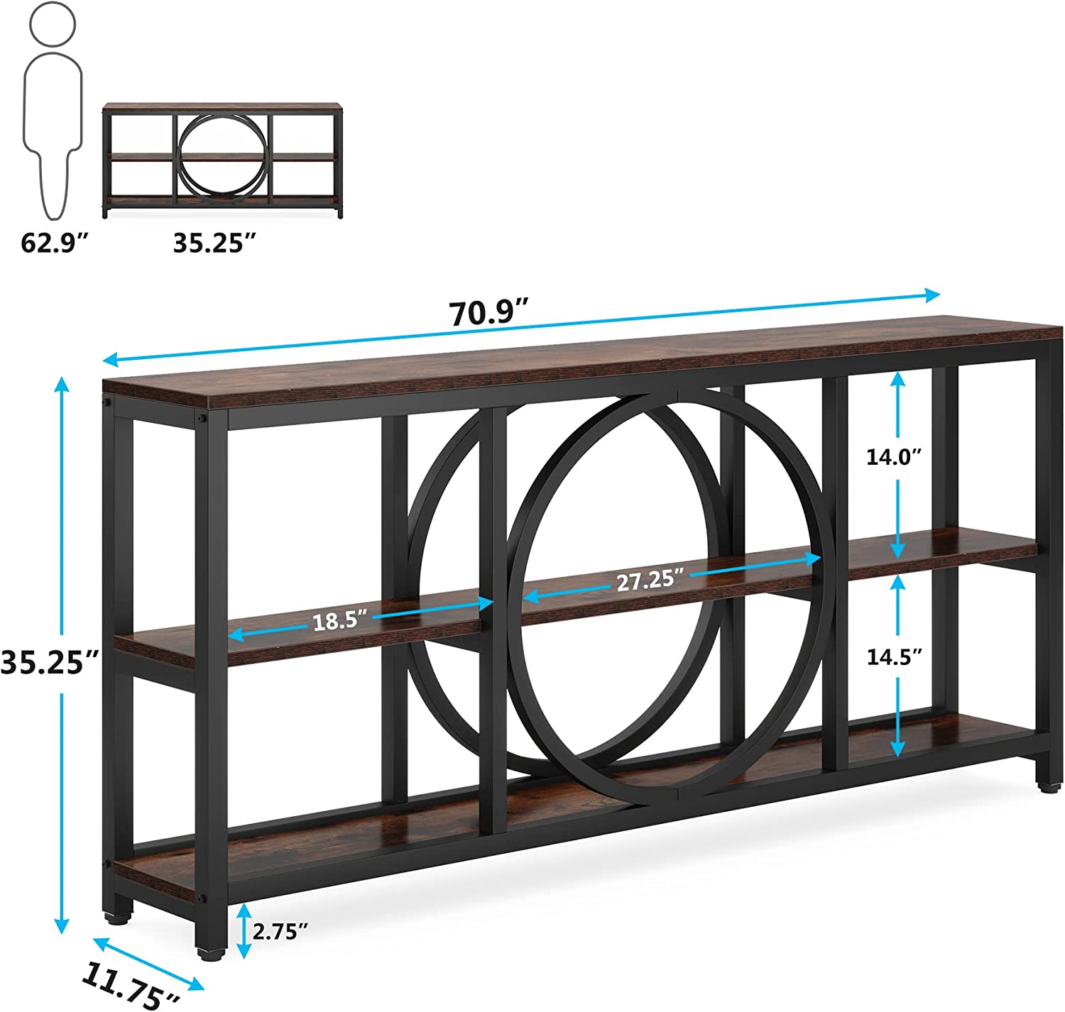 180 cm Console Table, Narrow Sofa Table with 3 Tier Storage Shelves