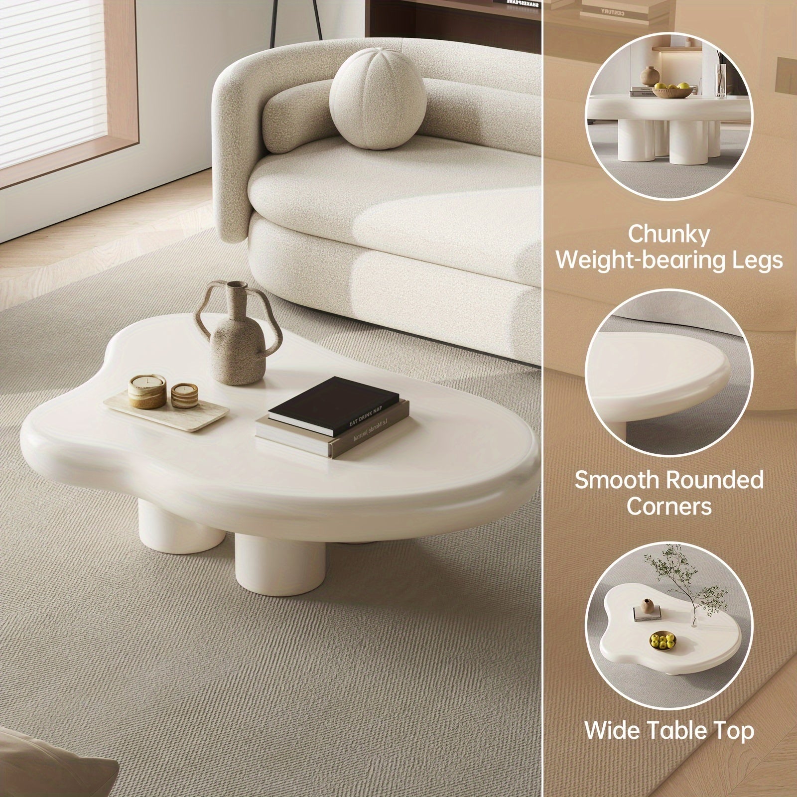 Cloud Tea Table, Cute White Modern Tea Table, Living Room Indoor Coffee Table, 4-Leg Free Style, 35.82 Inches