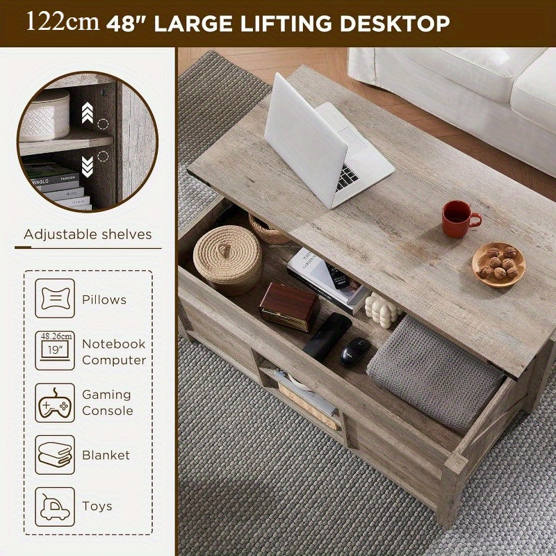 Farmhouse Lift Top Coffee Table with Sliding Door, 48-Inch Spacious Rustic Center Table: Equipped with Hidden Storage Compartment, Lifting Tabletop and Adjustable Shelf for Living Room