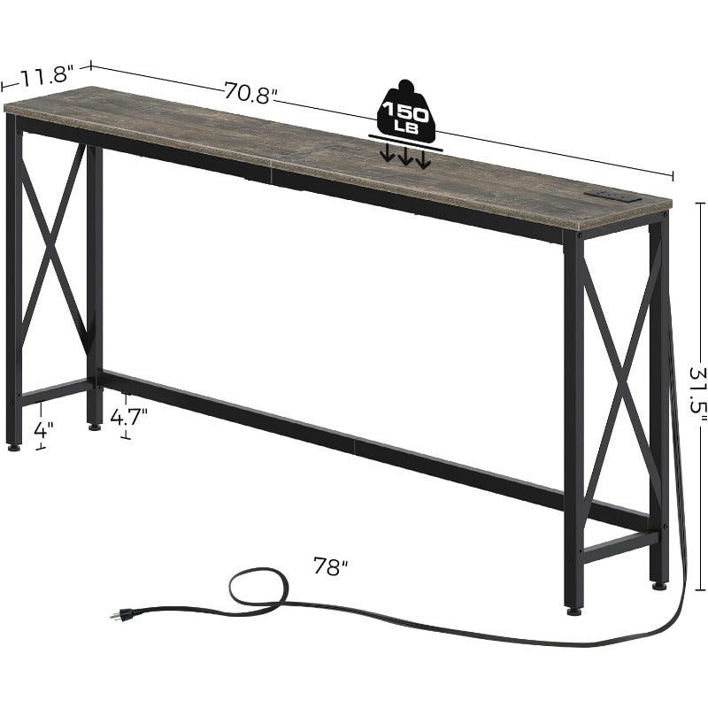 Console Table with Power Outlet, Sofa Table with Charging Station, Narrow Entryway Table, Skinny Hallway Table, Behind Couch Table 100 x 30/20, 140 x 30/20, 180 x 30/20 Farmhouse Table Behind Sofa Couch H