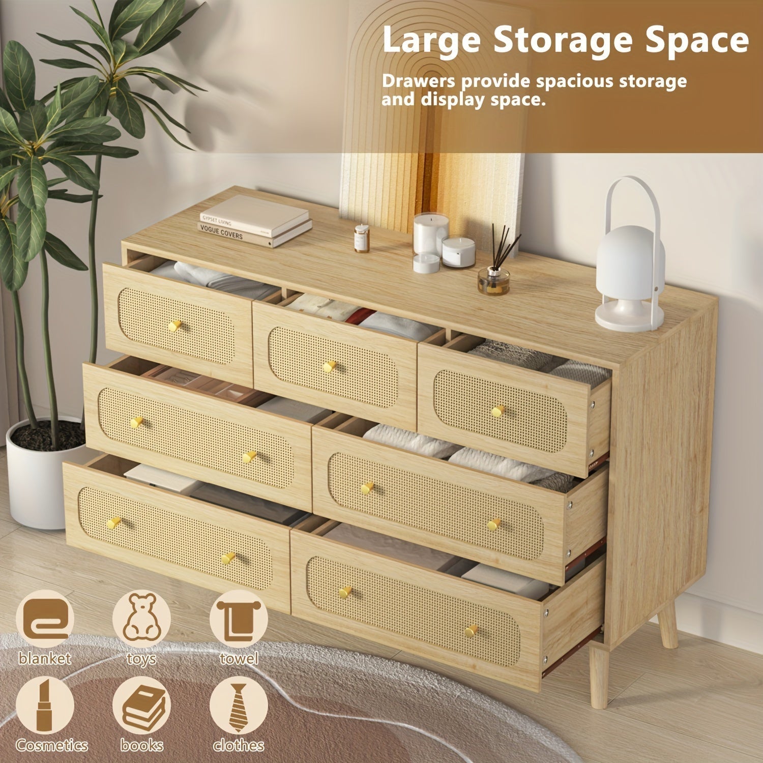 Natural Rattan Dresser For Bedroom, Modern Wood 7 Drawer Dresser With Gold Handles