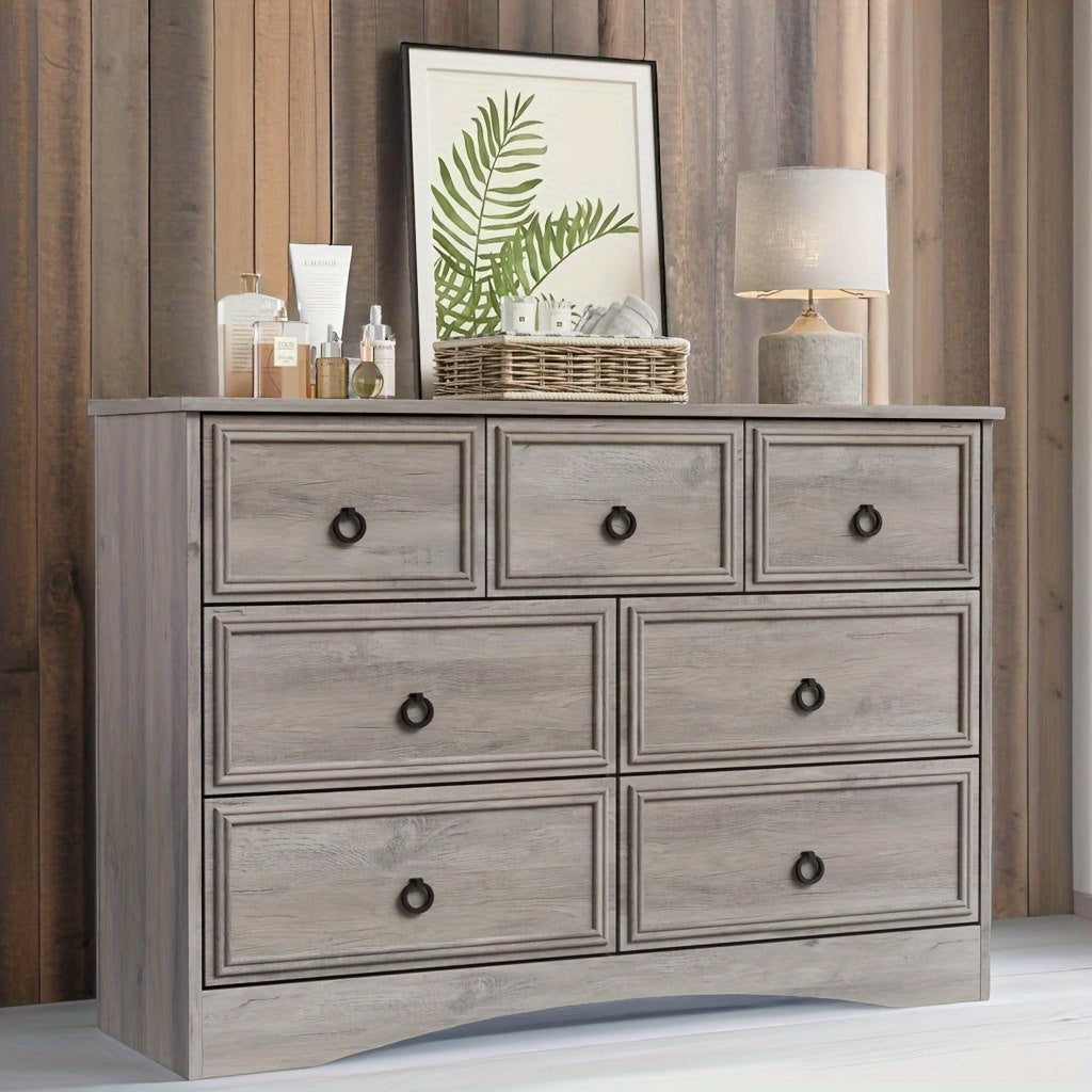 Gray Dresser for Bedroom with 7 Drawers, Modern Farmhouse Wide Chest of Drawers, Storage Organizer Unit with Metal Slides & Drawer Bottom Support for Closet, Living Room, Hallway