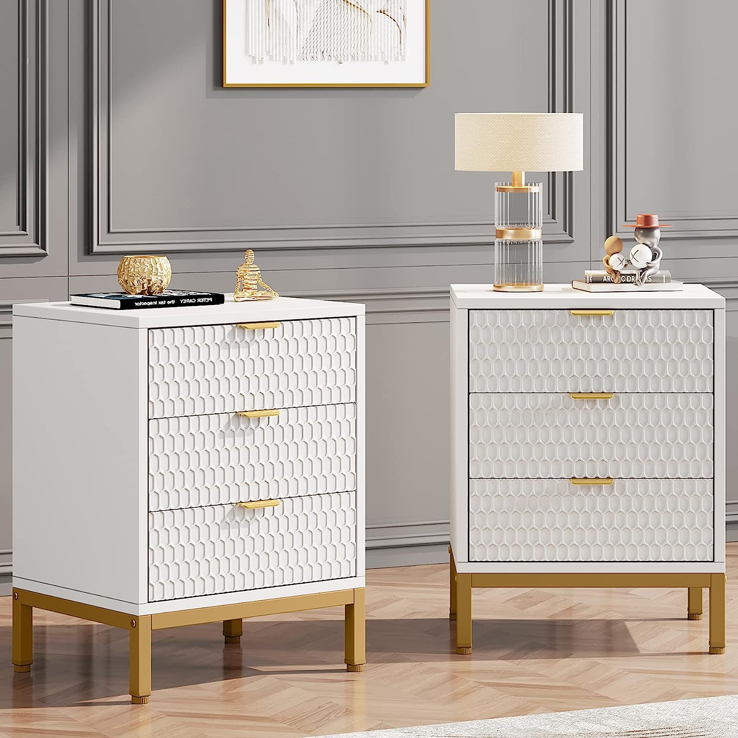 Modern Nightstand, 65.5 cm Tall Bedside Table with 3 Drawers