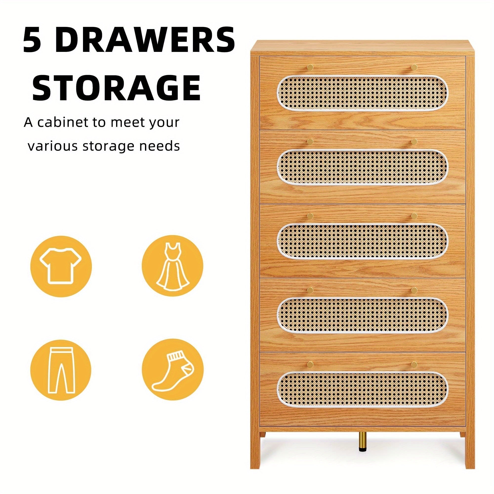 5 Drawer Dresser, 120cm Tall Rattan Vertical Dresser with Metal Handles, 5 Layers Wood Storage Cabinet, Chest of Drawers for Bedroom, Living Room Halloween Christmas Gift