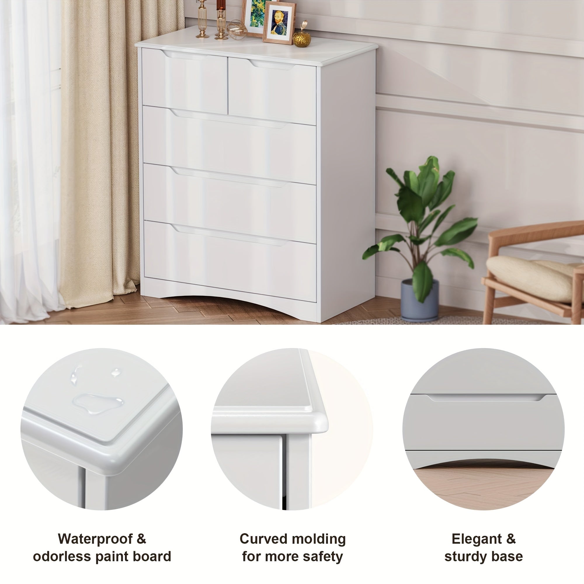 5 Drawers Dresser, Dressers For Bedroom With Cutout Handles, Wood Storage Cabinet For Living Room, White