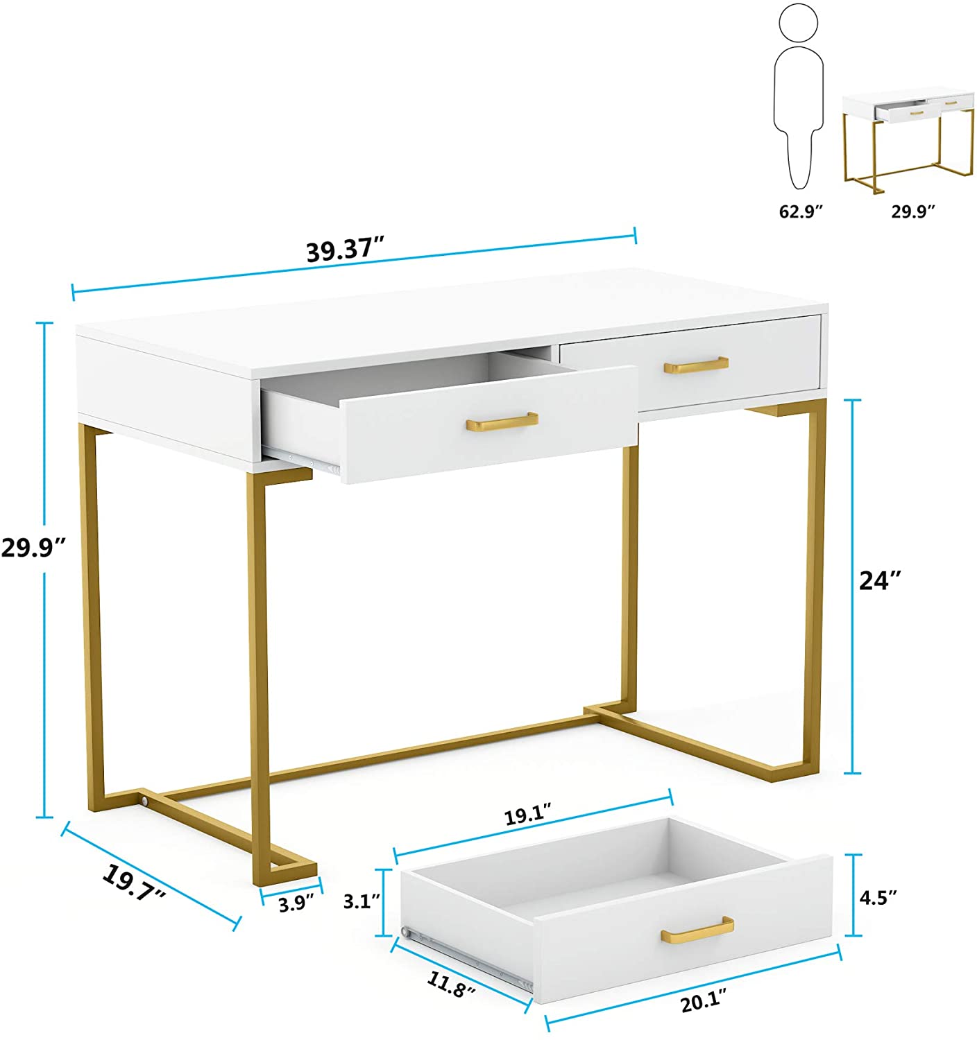 99 cm Computer Desk with Drawers, Modern Writing Desk Study Desk