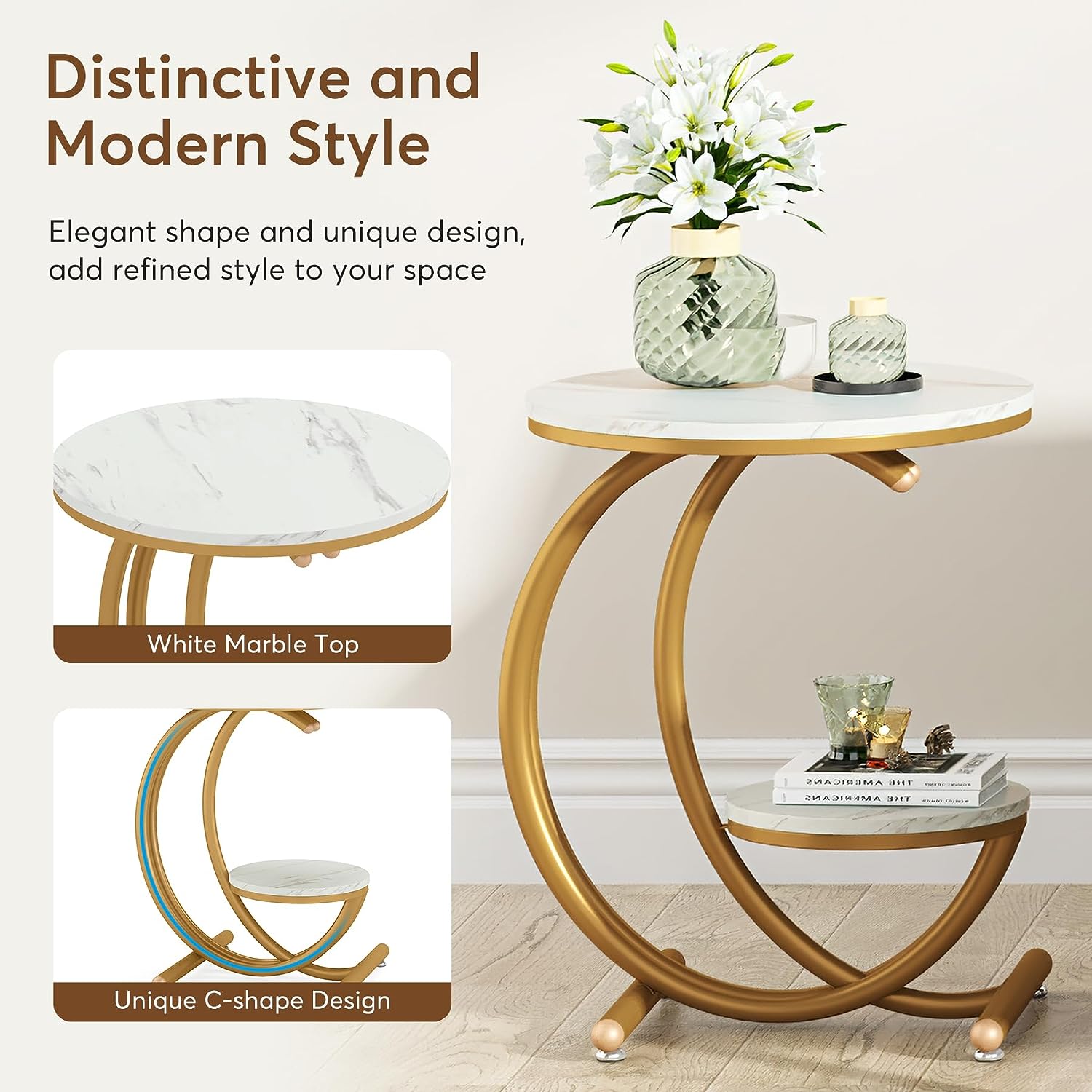 2-Tier End Table, Small Accent Side Table with C-Shaped Frame