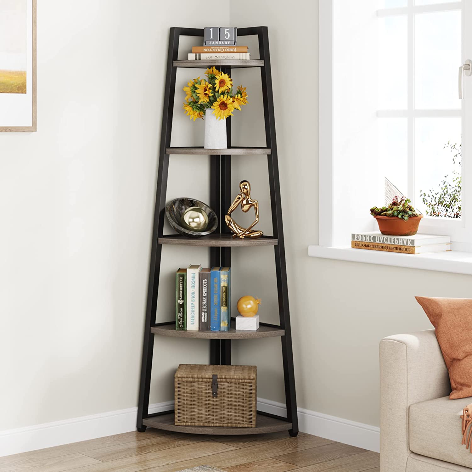 5-Tier Corner Shelf, 178 cm Tall Corner Ladder Shelf Small Bookshelf