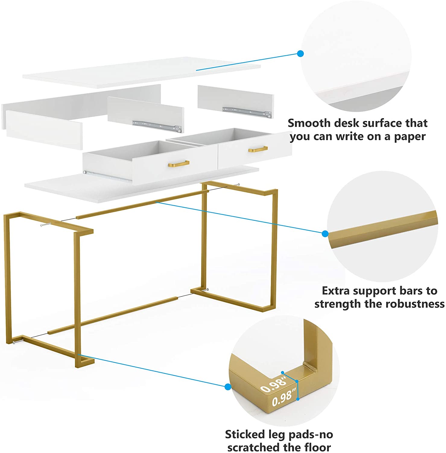 99 cm Computer Desk with Drawers, Modern Writing Desk Study Desk