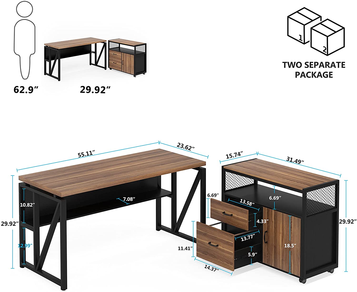 140 cm / 160 cm L-Shaped Executive Desk with Storage Shelves and Mobile File Cabinet