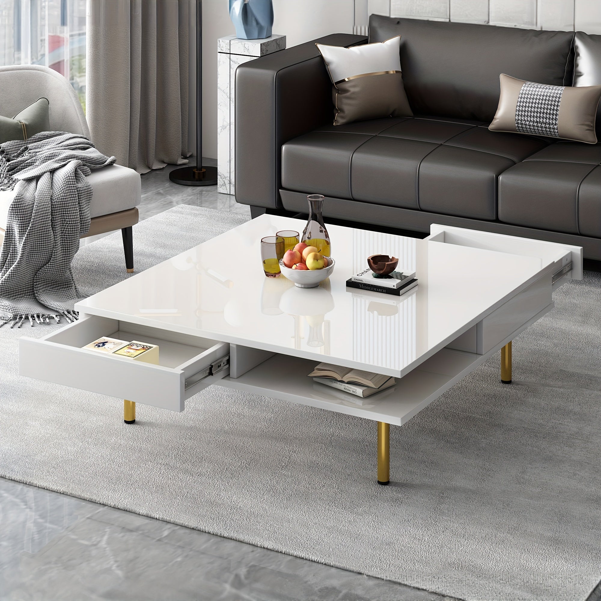 Exquisite High-gloss Glossy Coffee Table With Stylish Modern Design, Square Coffee Table For Living Room With Two Small Hidden Drawers And Open Storage Shelves For Easy Storage Of Various Items Such As Remote Controls, Magazi