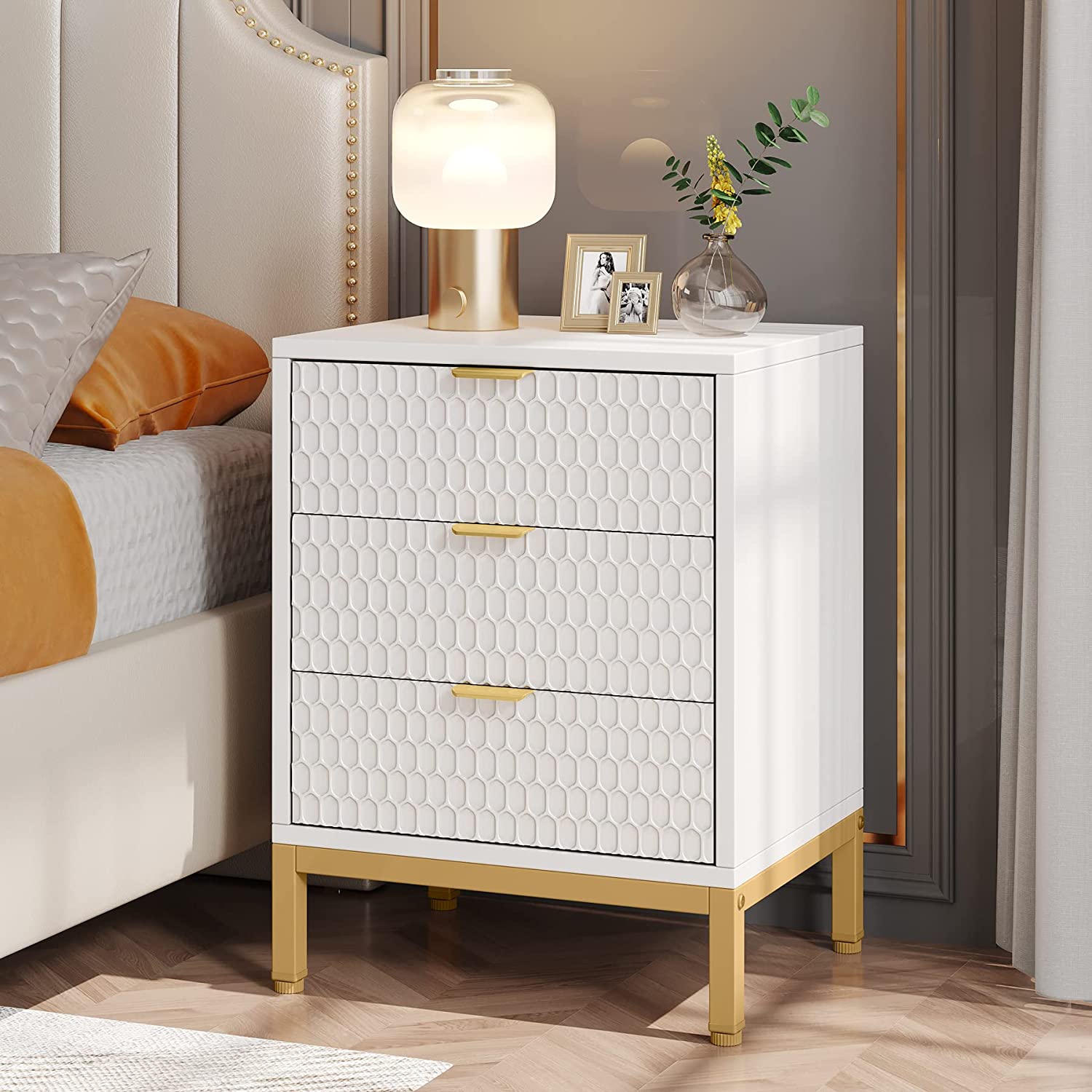 Modern Nightstand, 65.5 cm Tall Bedside Table with 3 Drawers