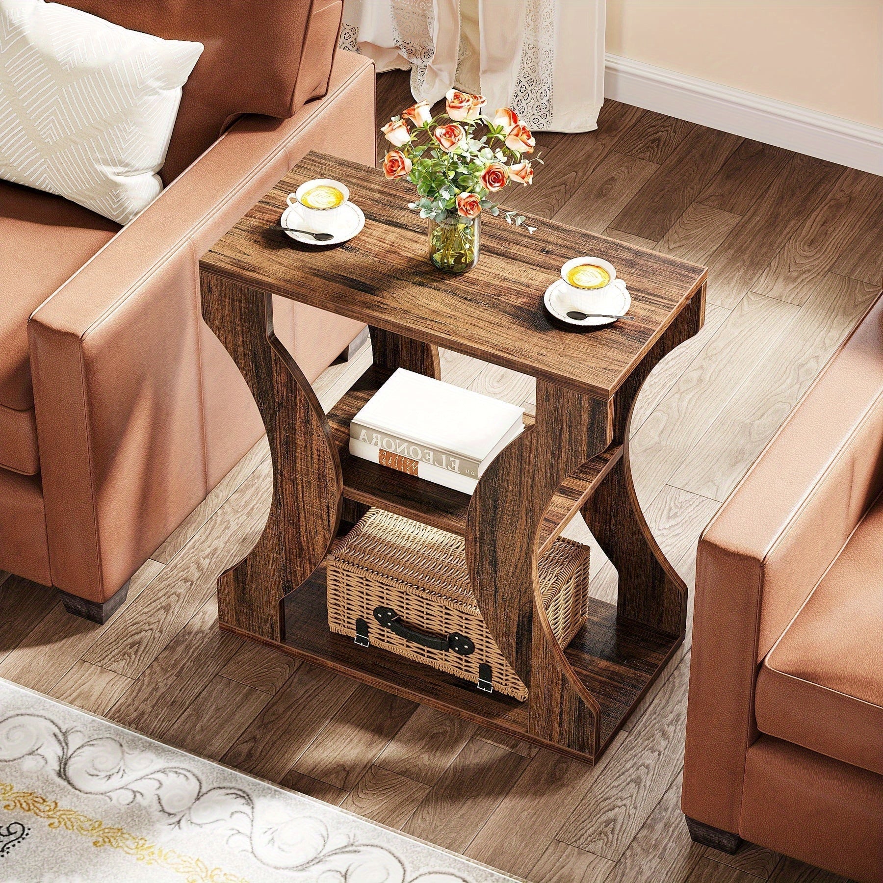 60cm Side Table, 3 Tier Farmhouse Side Table with Storage Shelves, can be used as a bedroom nightstand, coffee table