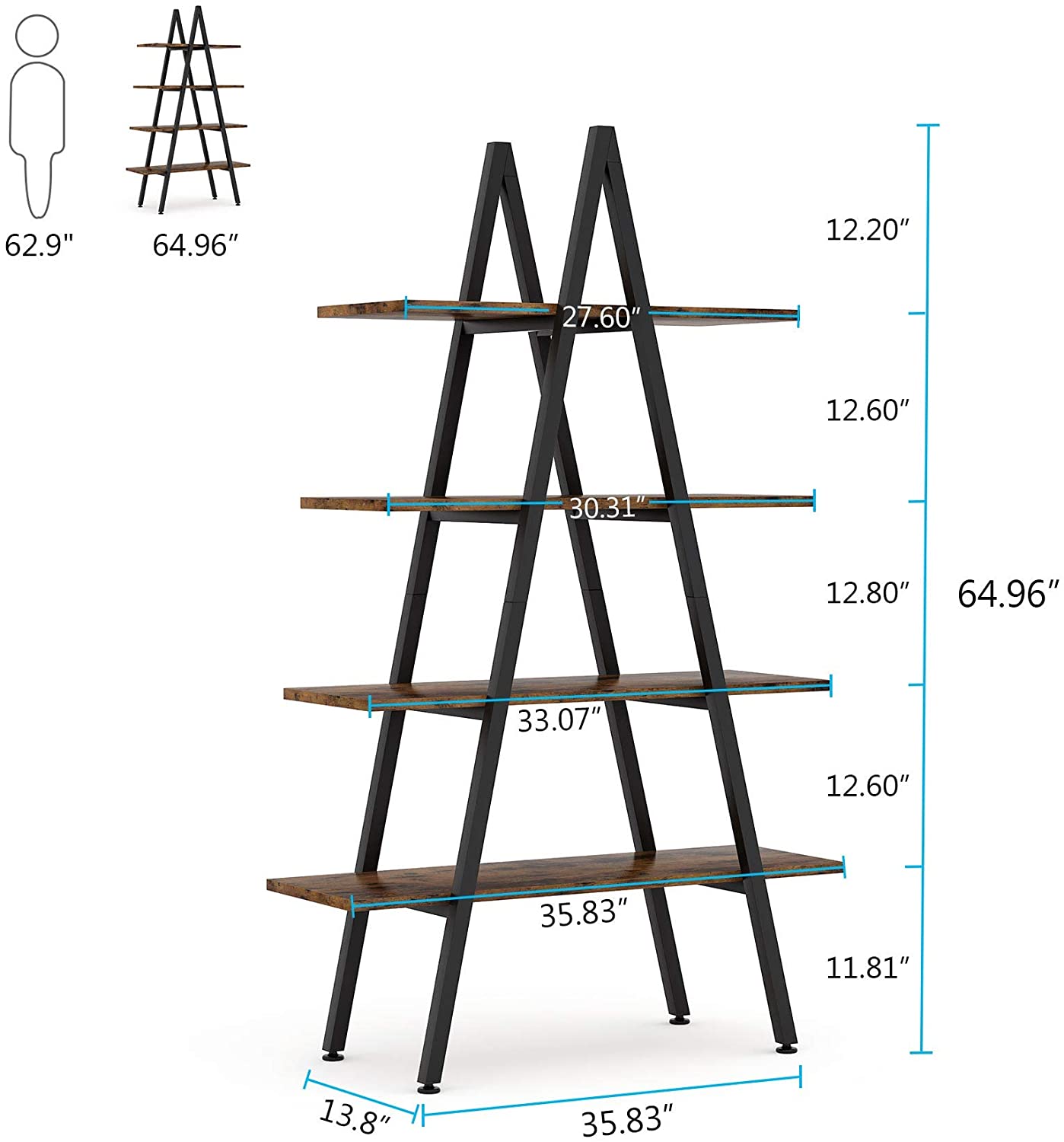 4-Tier Bookshelf, A-Shaped Bookcase Industrial Ladder Display Shelf (Approx. 102 cm)