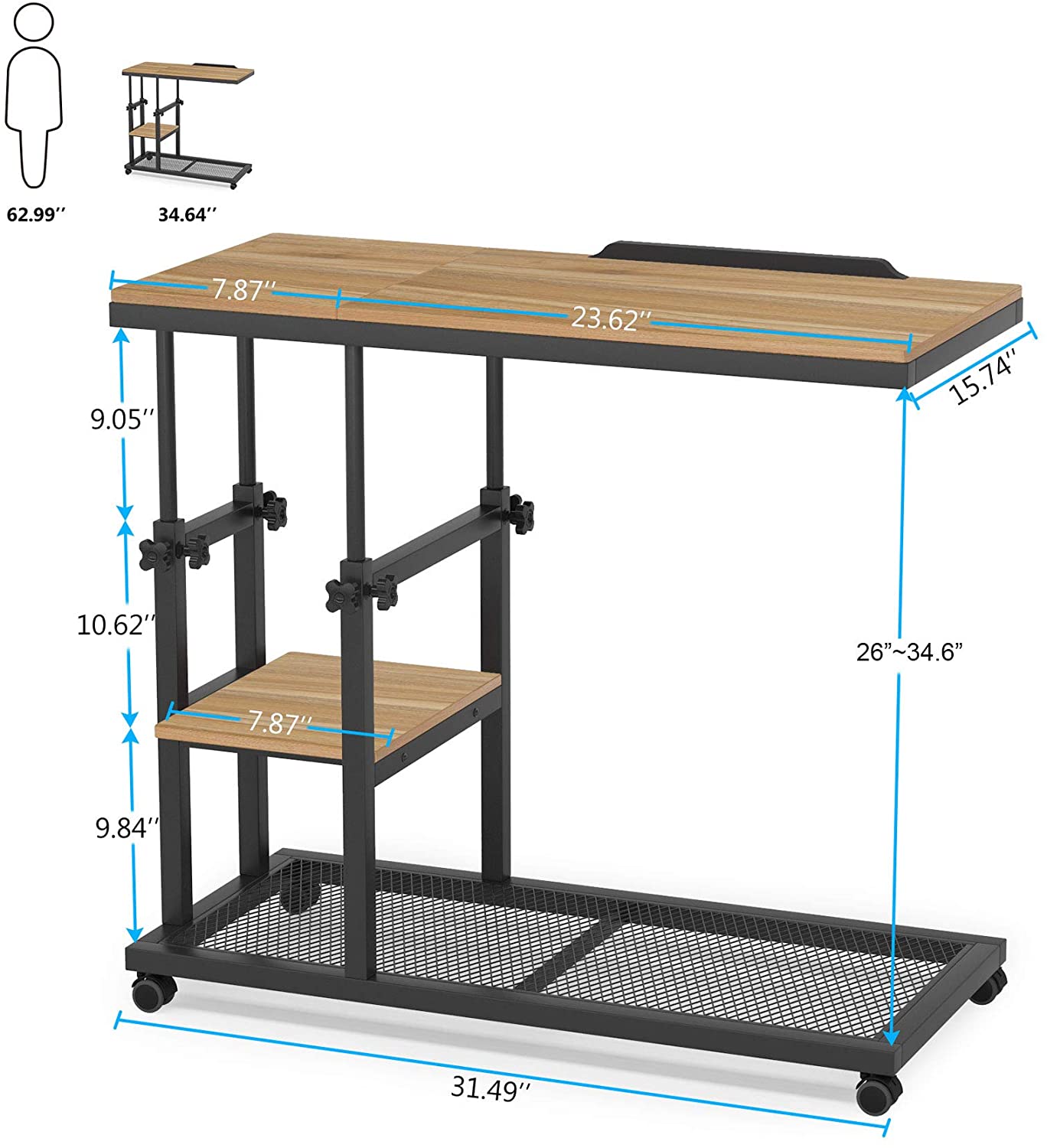 Mobile C Table, Height Adjustable Snack Tray Table with Wheels