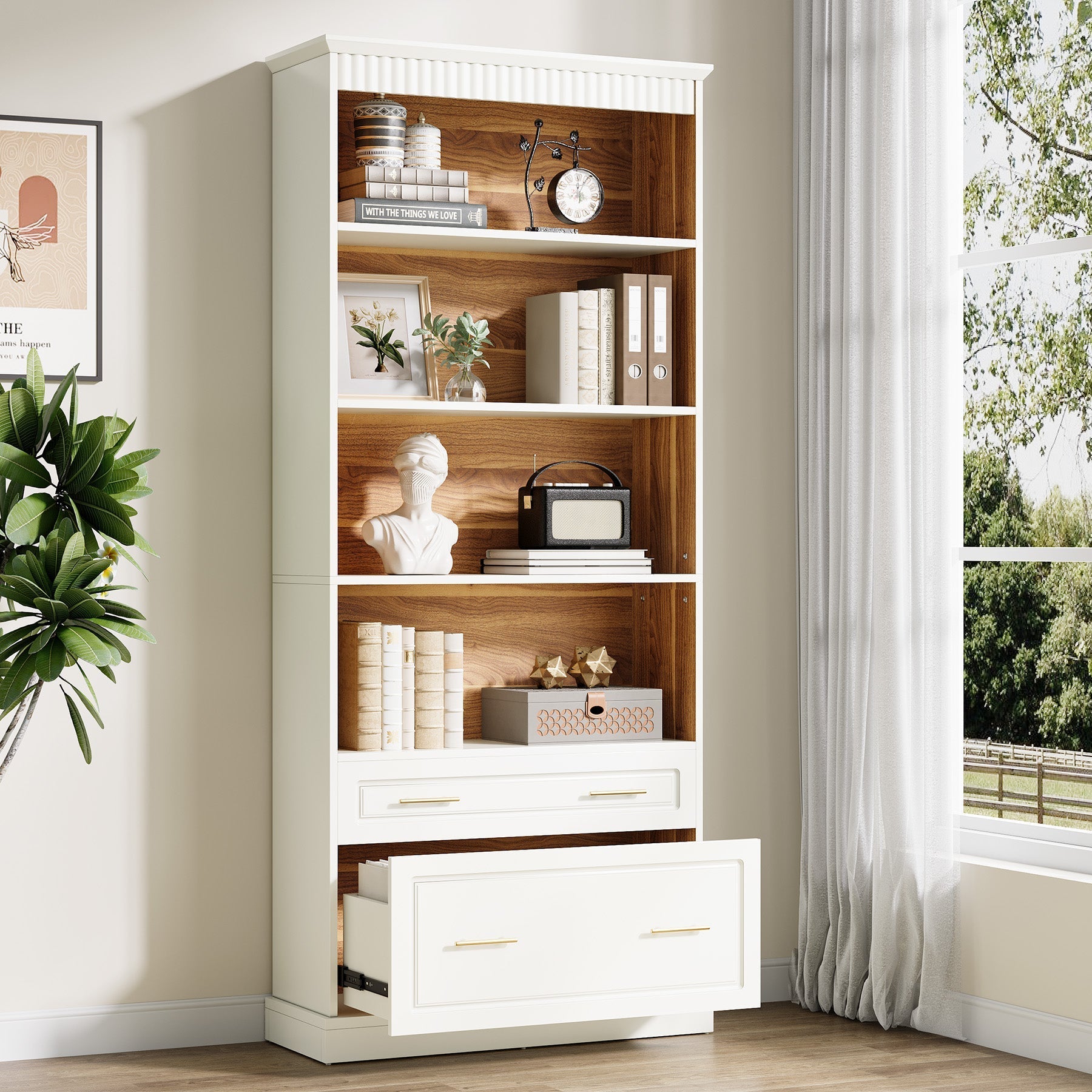 183 cm Bookshelf with Drawers, Freestanding 5-Shelf Bookcase Display Shelf