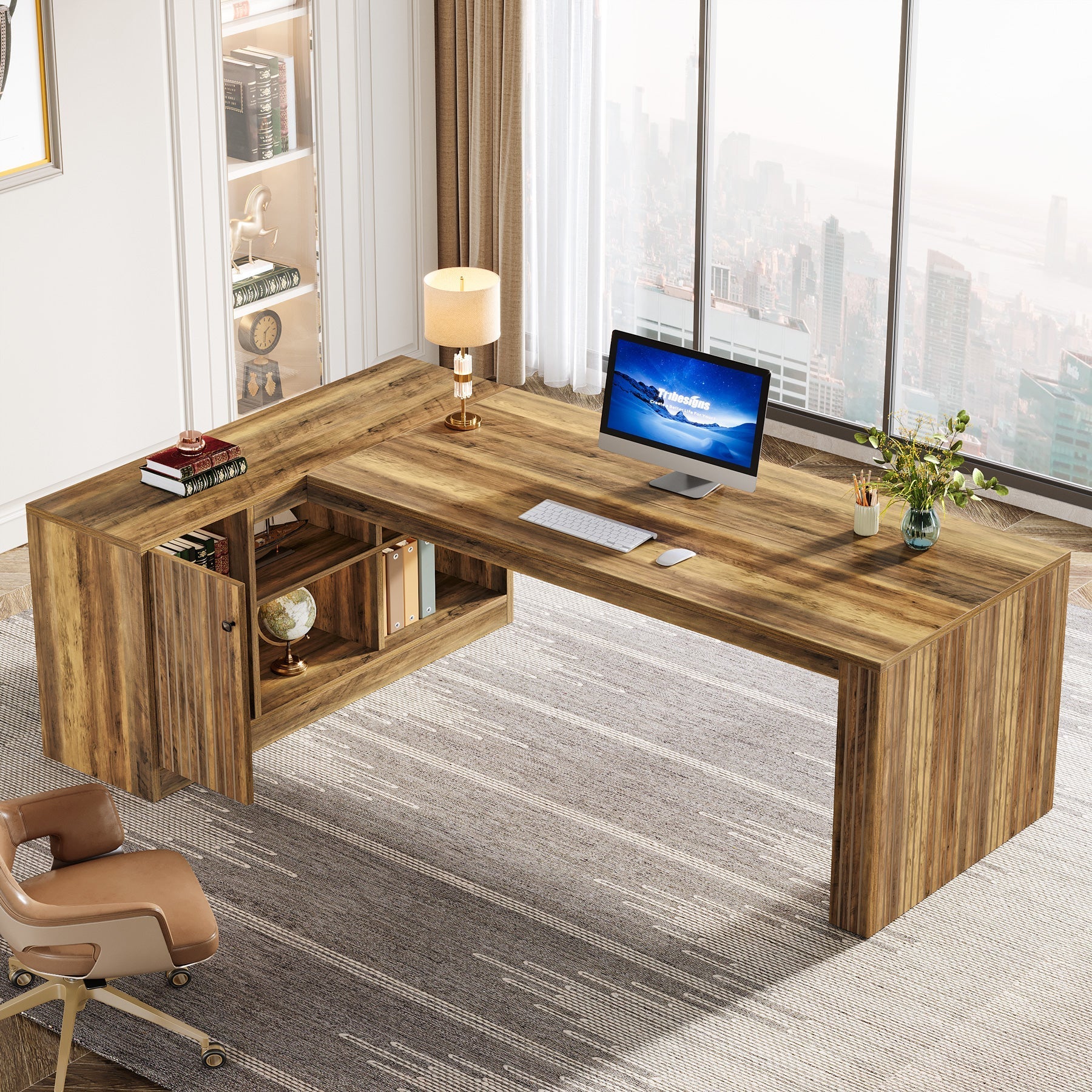 183 cm L-Shaped Desk, Executive Desk Office Computer Desk with Cabinet