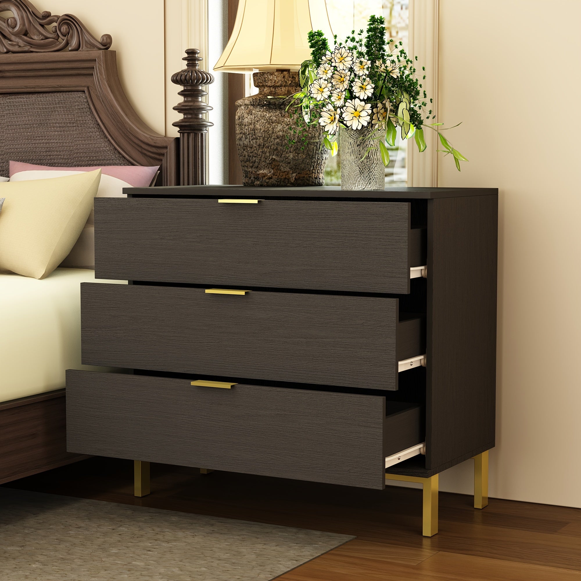 Modern Elegance Three-Drawer Nightstand With Gold Accents