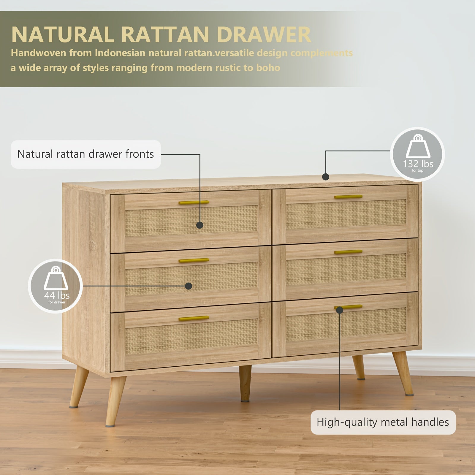 1pc Contemporary Rattan Dresser with 3/6 Drawers - Freestanding Wood Boho Chest of Drawers with Ample Storage, Golden Handles, for Bedroom, Living Room, Hallway