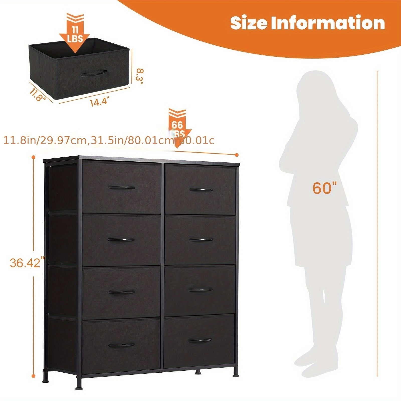 Dresser for Bedroom Drawer Organizer Storage 8 Drawers, Fabric Storage Tower, Chest of Drawers with Steel Frame, Wood Top for Nursery, Living Room, Closet