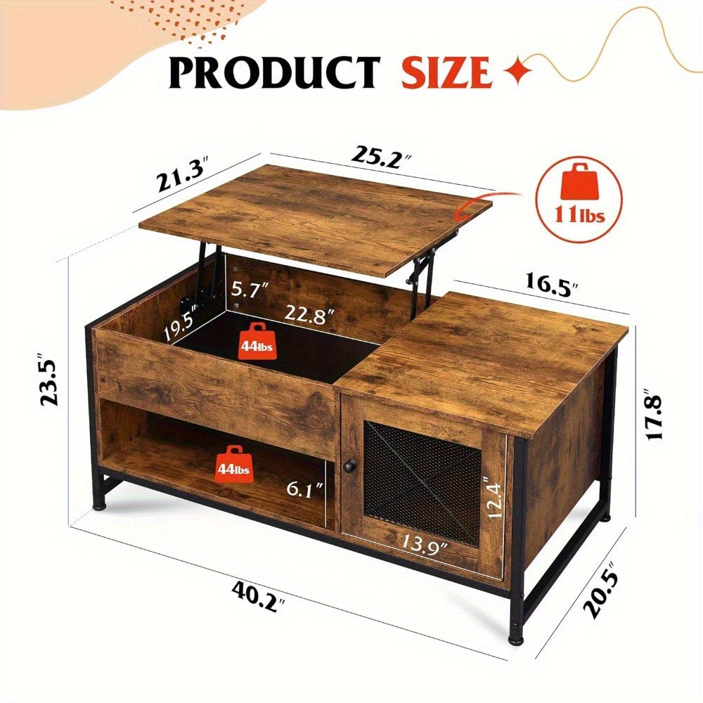 1pc Lift Top Coffee Table with Storage Cabinet, Wood Coffee Table for Living Room, Retro Center Table with Lifting Top, Hidden Compartment And Open Shelf for Home, Office