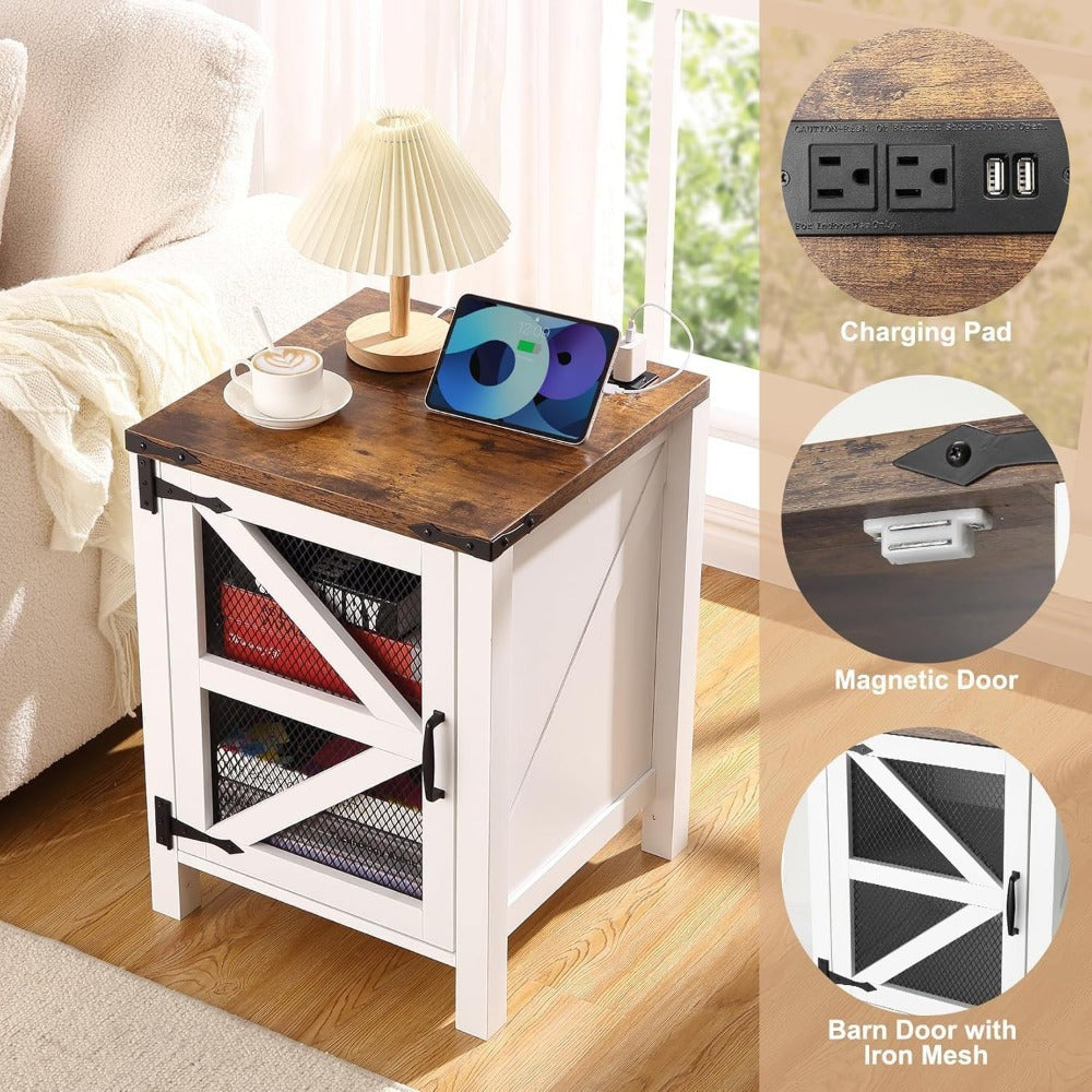 Chic 46cm Rustic Farmhouse Nightstand with Charging Station - Adjustable Shelves, Black Mesh Barn Doors & USB Ports, White Engineered Wood, Ideal for Bedroom & Living Room, Living Room Furniture|Retro Industrial Look|Open Shel