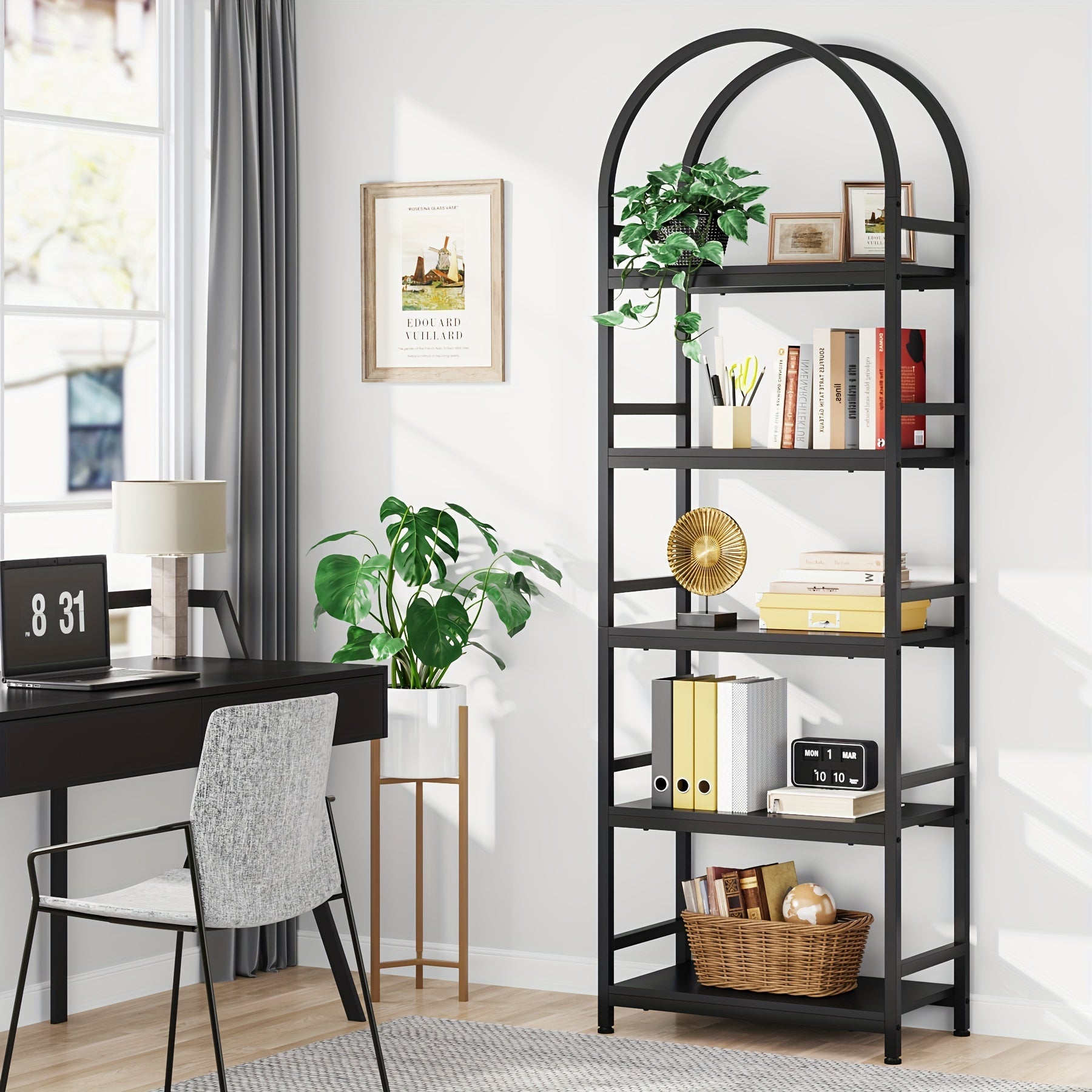 5-Tier Open Bookshelf, 190cm Industrial Arched Bookcase Storage Shelves with Metal Frame, Farmhouse Storage Rack Tall Standing Bookshelves for Bedroom, Living Room, Home Office