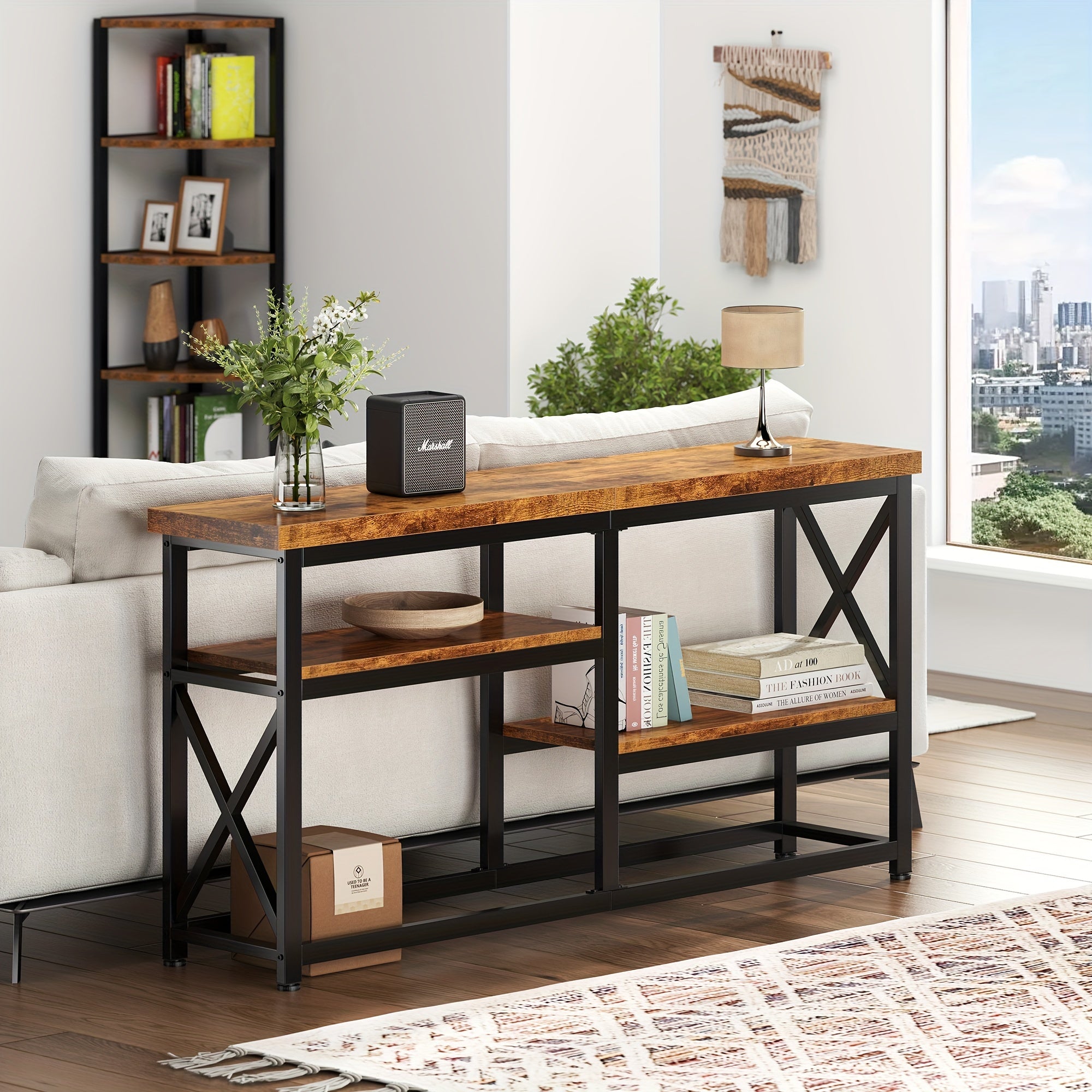 3-Tier Wood Console Table, 140 cm Entertainment Center with Open Storage Shelves, Industrial TV Stand, Entryway Table, Sofa Side Table, Coffee Table, Rustic Brown