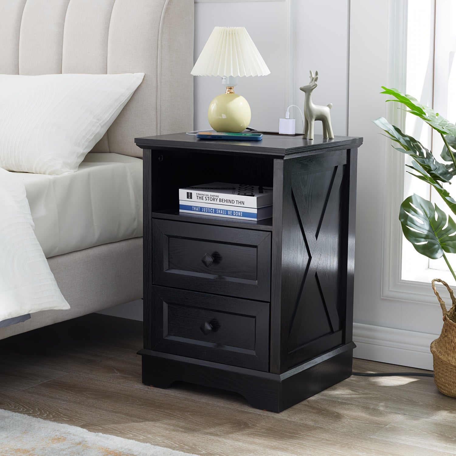 Farmhouse End Table wtih Charging Station, Nightstand with 2 Drawers, Side Table Storage Cabinet for Bedroom, Living Room, Wood Bedside Table, Black