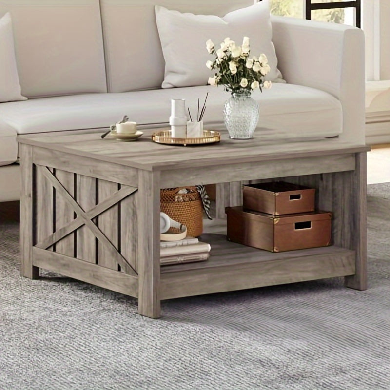 Rustic Oak Coffee Table with Functional Storage Compartment