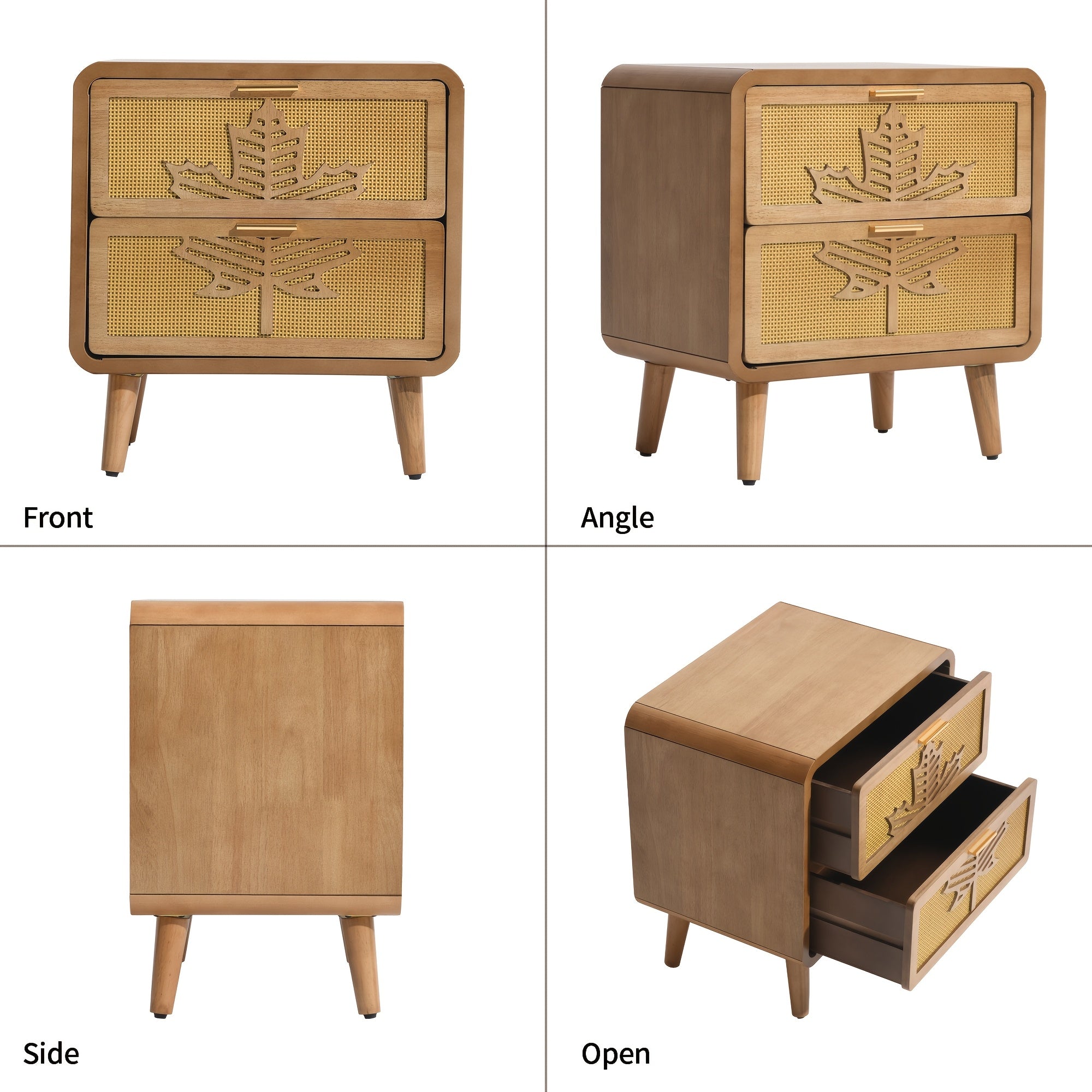 Mid-Century Modern Nightstand] Mid-Century Modern Nightstand with Rattan Accents and Maple Leaf Carving, Solid Wood and Fiberboard Construction, High-Density Storage, Pine Tabletop, with Engineered Wood Base, for Stylish