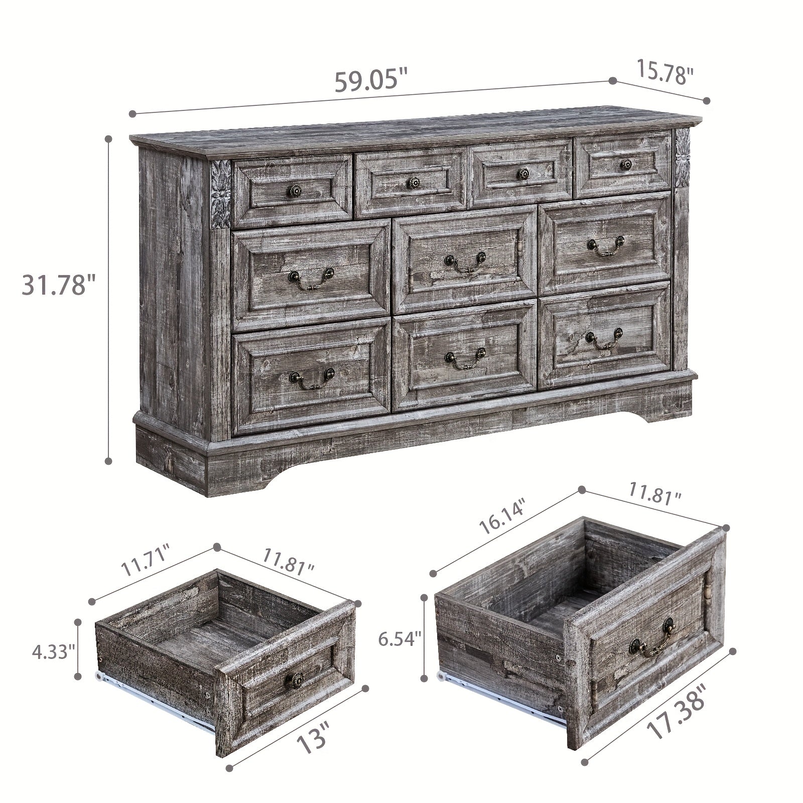 Farmhouse Dresser For Bedroom, 138cm Wide 7 Drawers Dresser, Wood Dresser For Bedroom, Grey 10 Chest Of Drawers With Thickened Wood Carving For Closet, Hallway