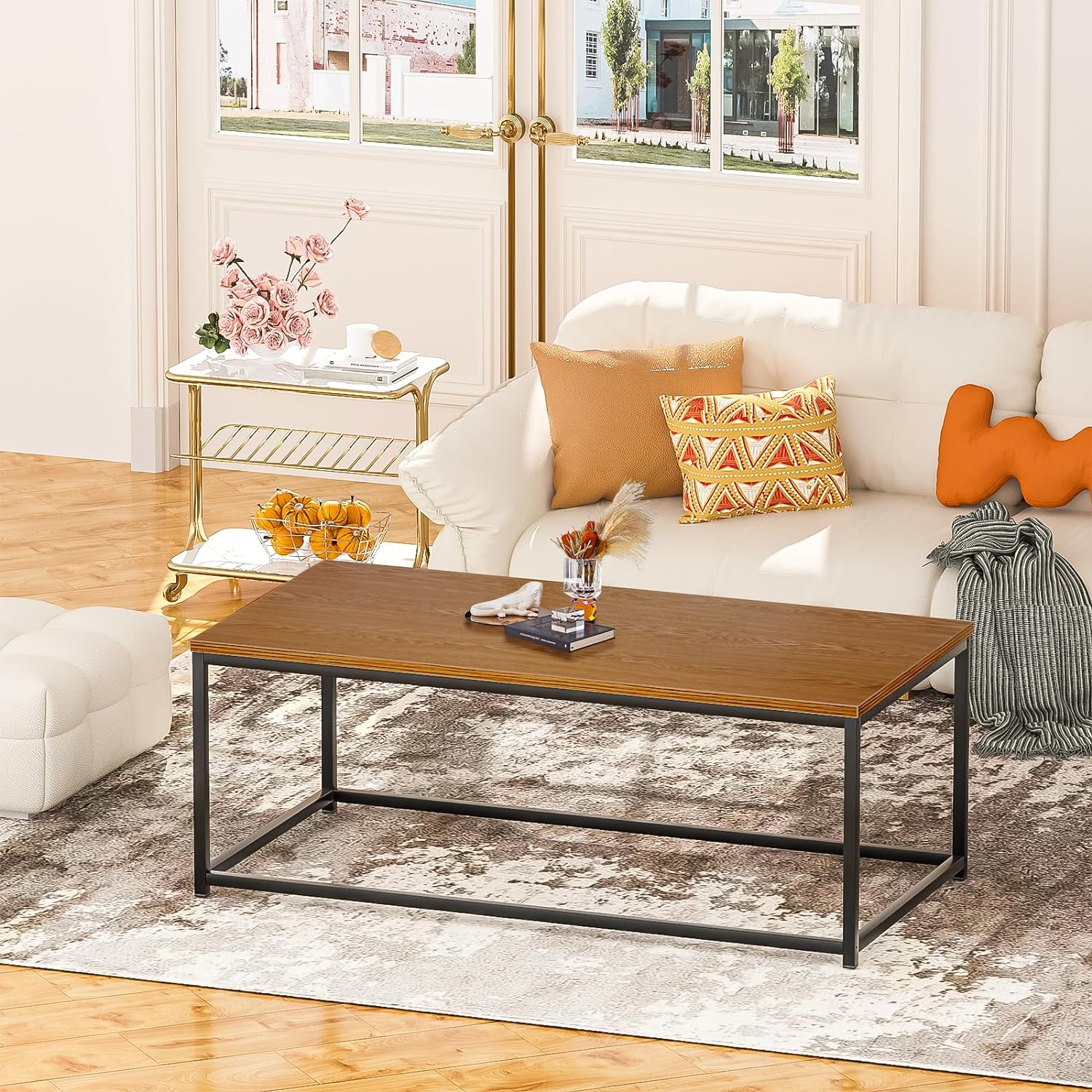 Modern Industrial Style Rectangular Coffee Table for Living Room, Bedroom - Rustic Accent Minimalistic Furniture with Wood Grain Top & Metal Frame - Center TV Table