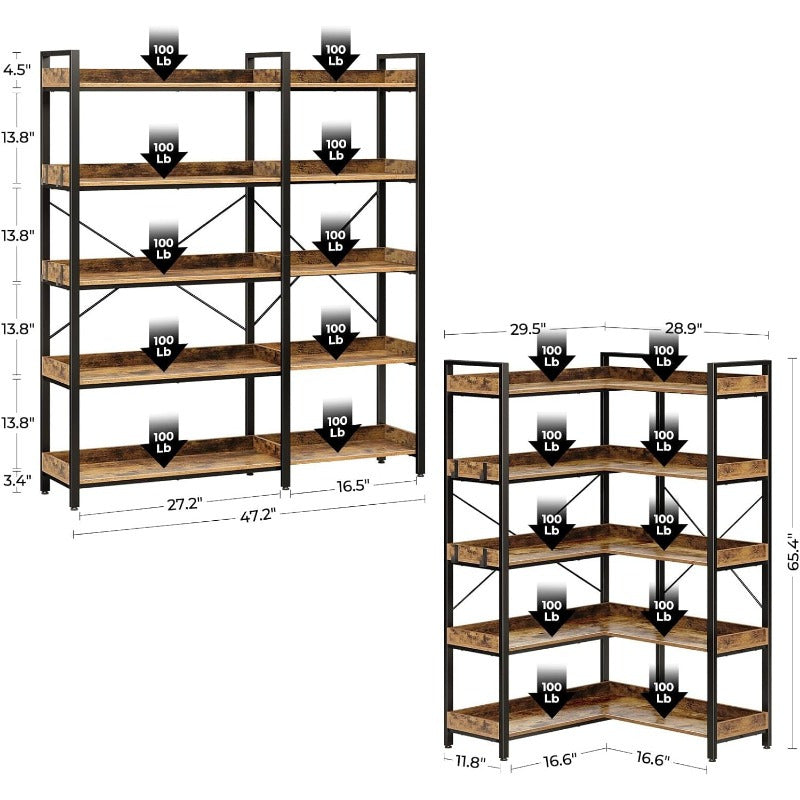 165cm Industrial 5-Tier Bookshelf with 4 Hooks - Reversible Corner Design, Hardwood & Metal Frame, Adjustable Feet for Living Room, Bedroom, Home Office, GREENSTELL