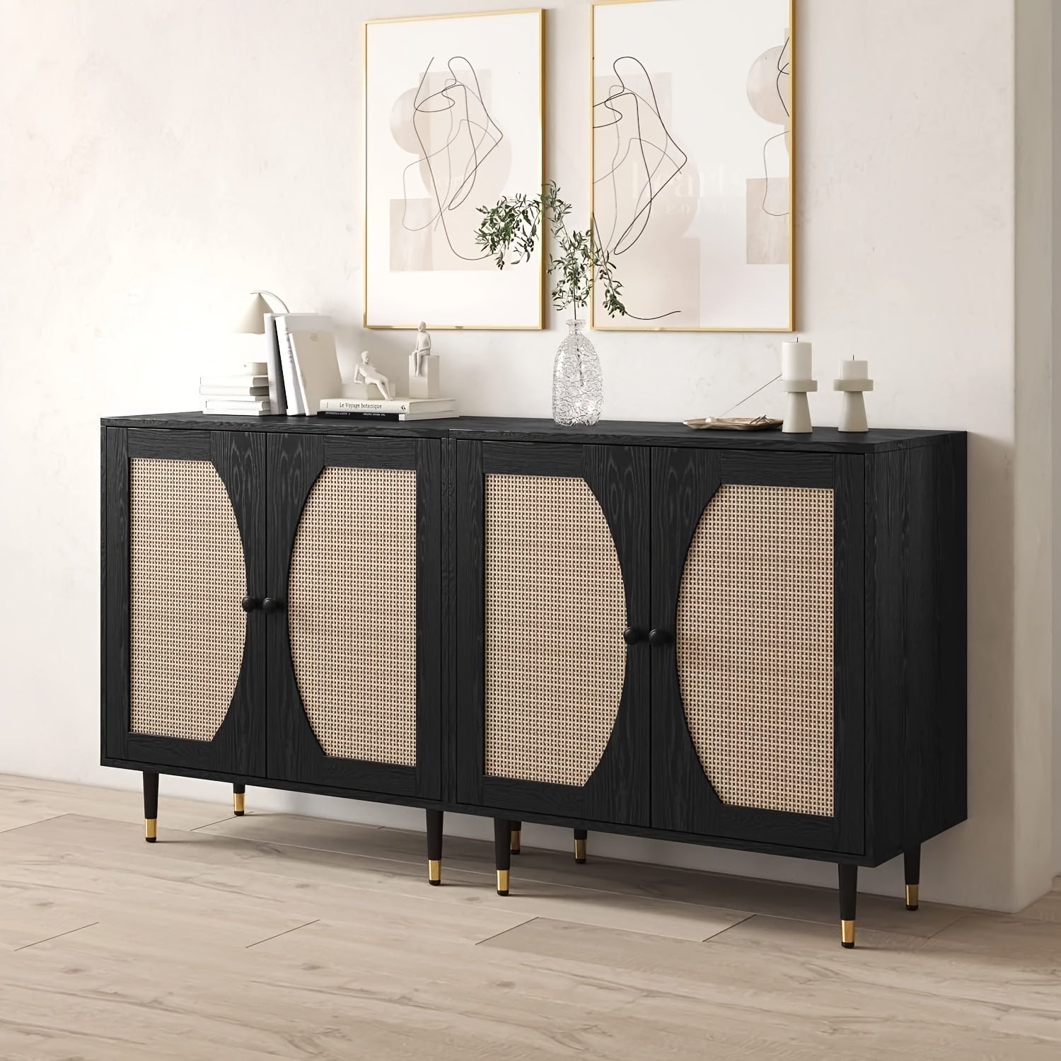 Black Sideboard Cabinet, Rattan Sideboard with Natural Rattan Doors, Black Rattan Console Table with Storage, Modern Accent Buffet Cabinet with Adjustable Shelves for Living Dining Room (Dimensions in cm)