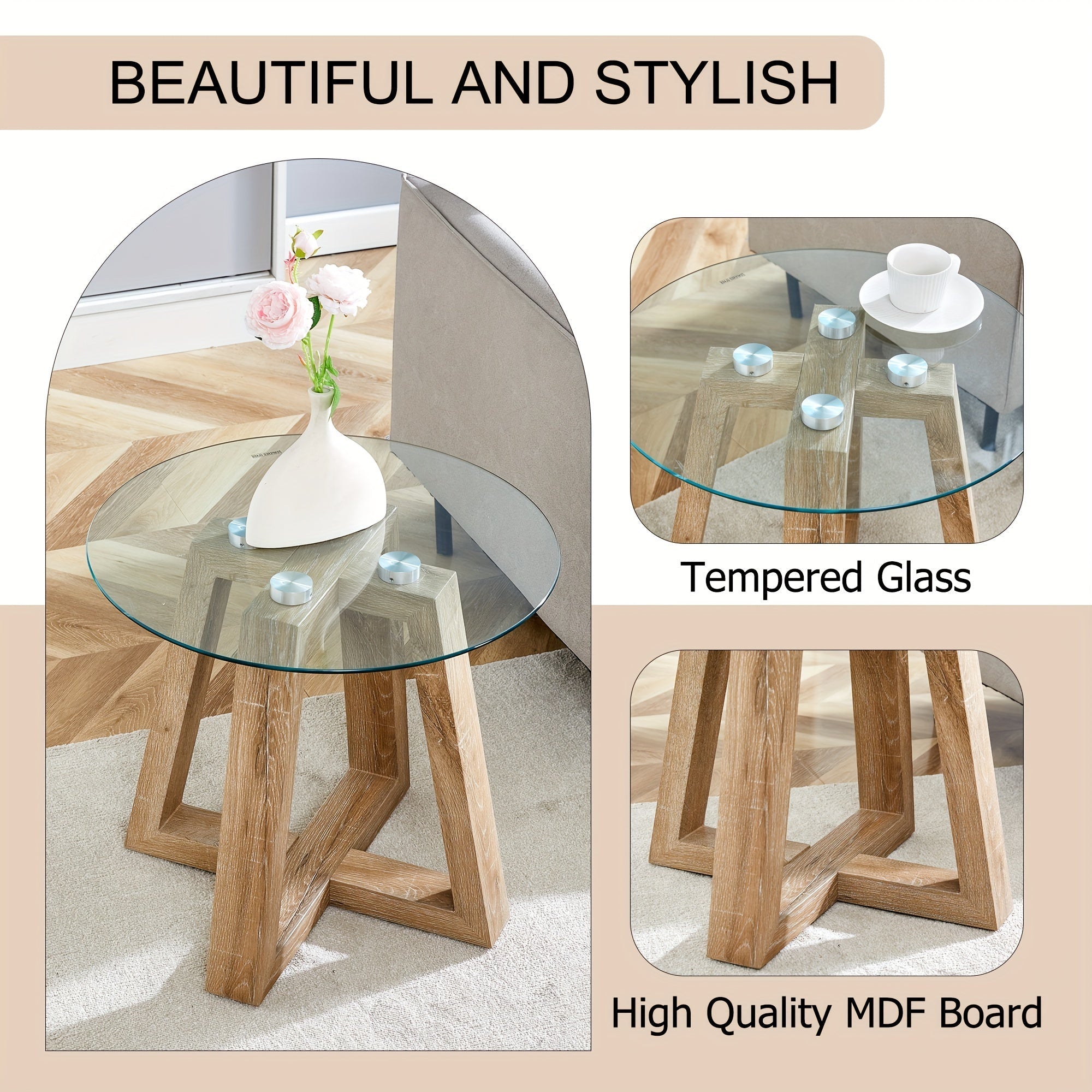 56cm Tempered Glass Small End Table, Minimalist Round Side Table, Mid-Century Modern End Side Table for Living Room Bedroom Small Spaces Office, with wood-coloured Legs, furniture for home clearance, home decor, lo