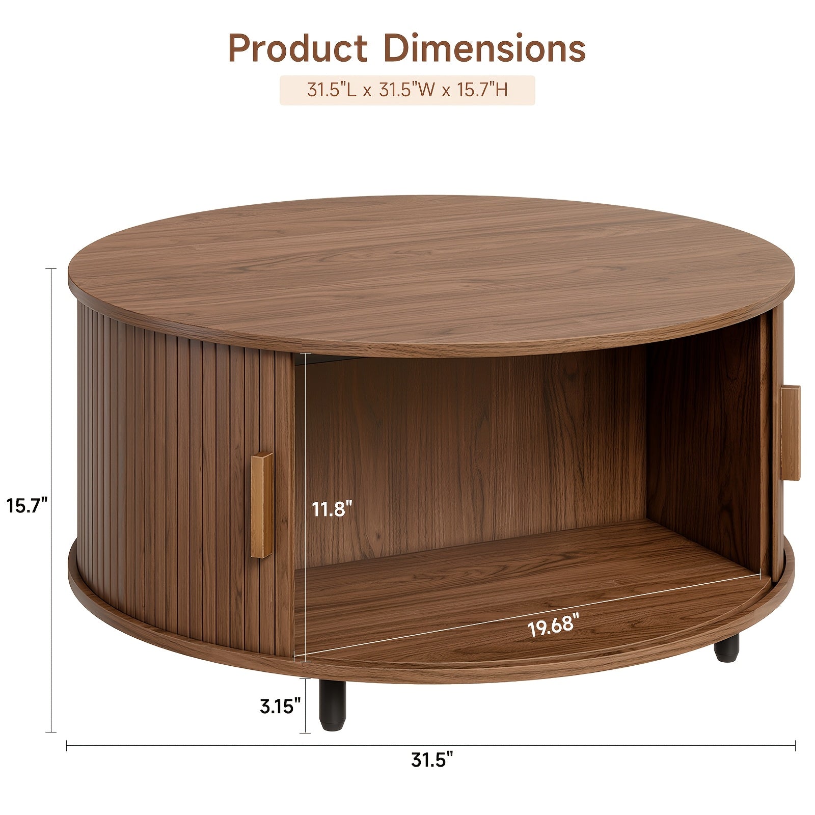 1pc 80cm Modern Round Coffee Table, Grooved Hardwood with Sliding Door, Space-Saving Engineered Wood Pedestal, Adjustable Feet, Stable & Easy to Clean, Walnut Finish, Living Room Furniture