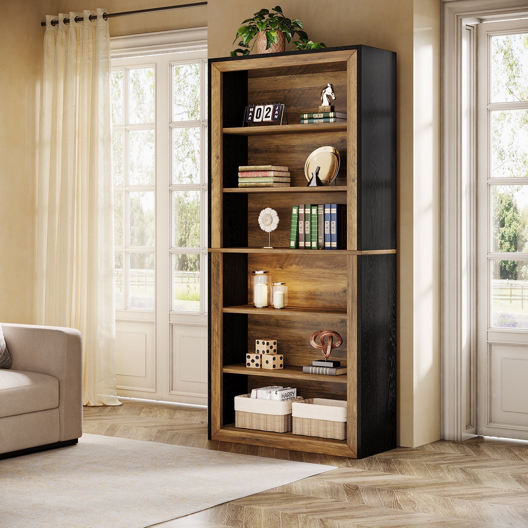 188 cm Bookshelf, 6-Tier Wood Bookcase Etagere with Display Shelves