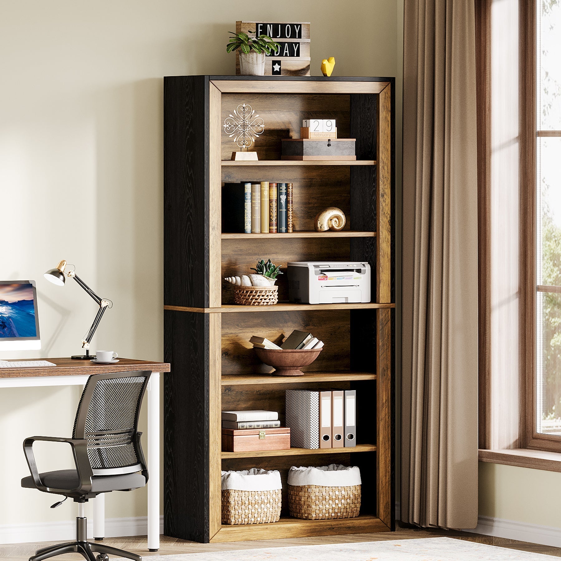 188 cm Bookshelf, 6-Tier Wood Bookcase Etagere with Display Shelves